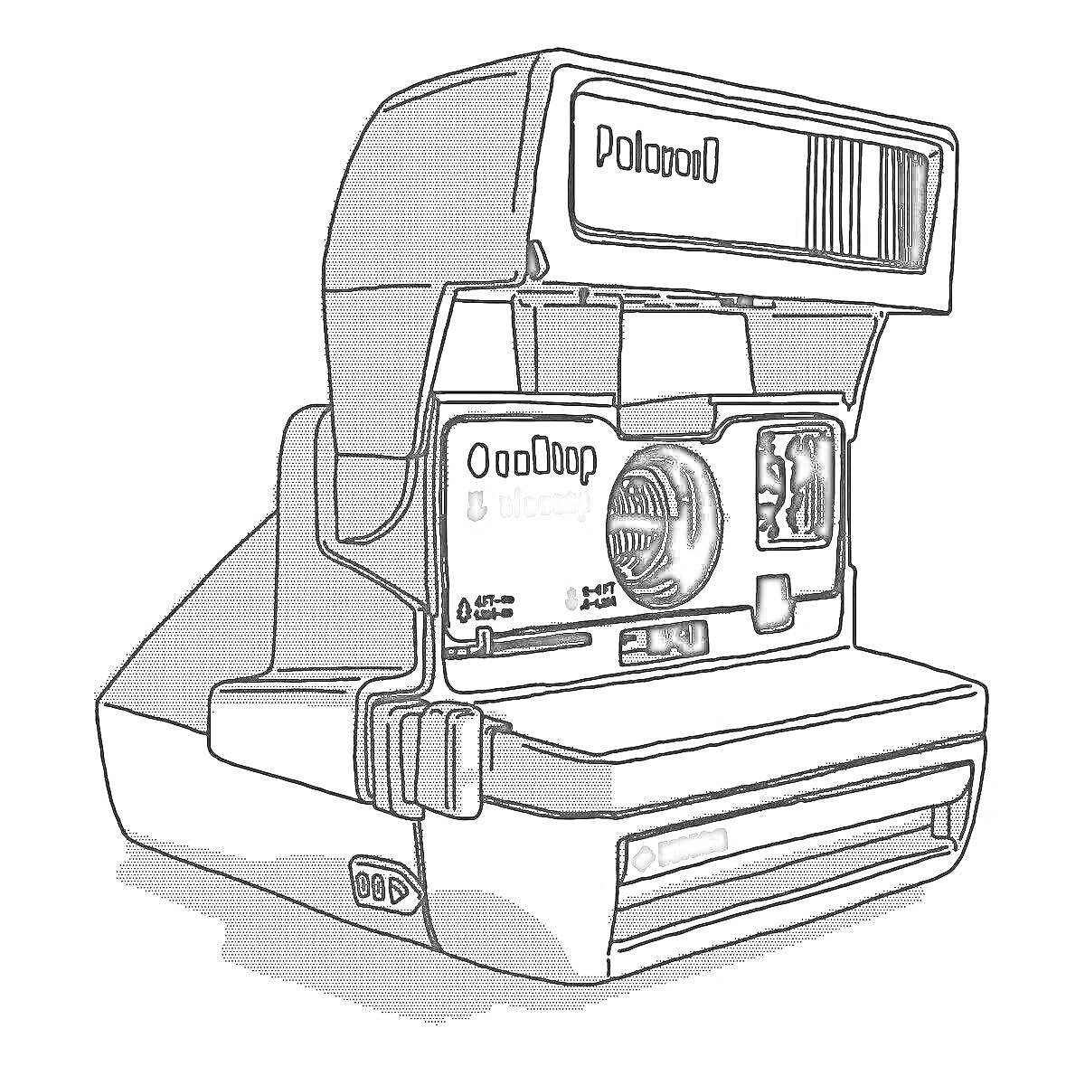На раскраске изображено: Полароид, Камера, Ретро, Объектив, Вспышка, Винтаж