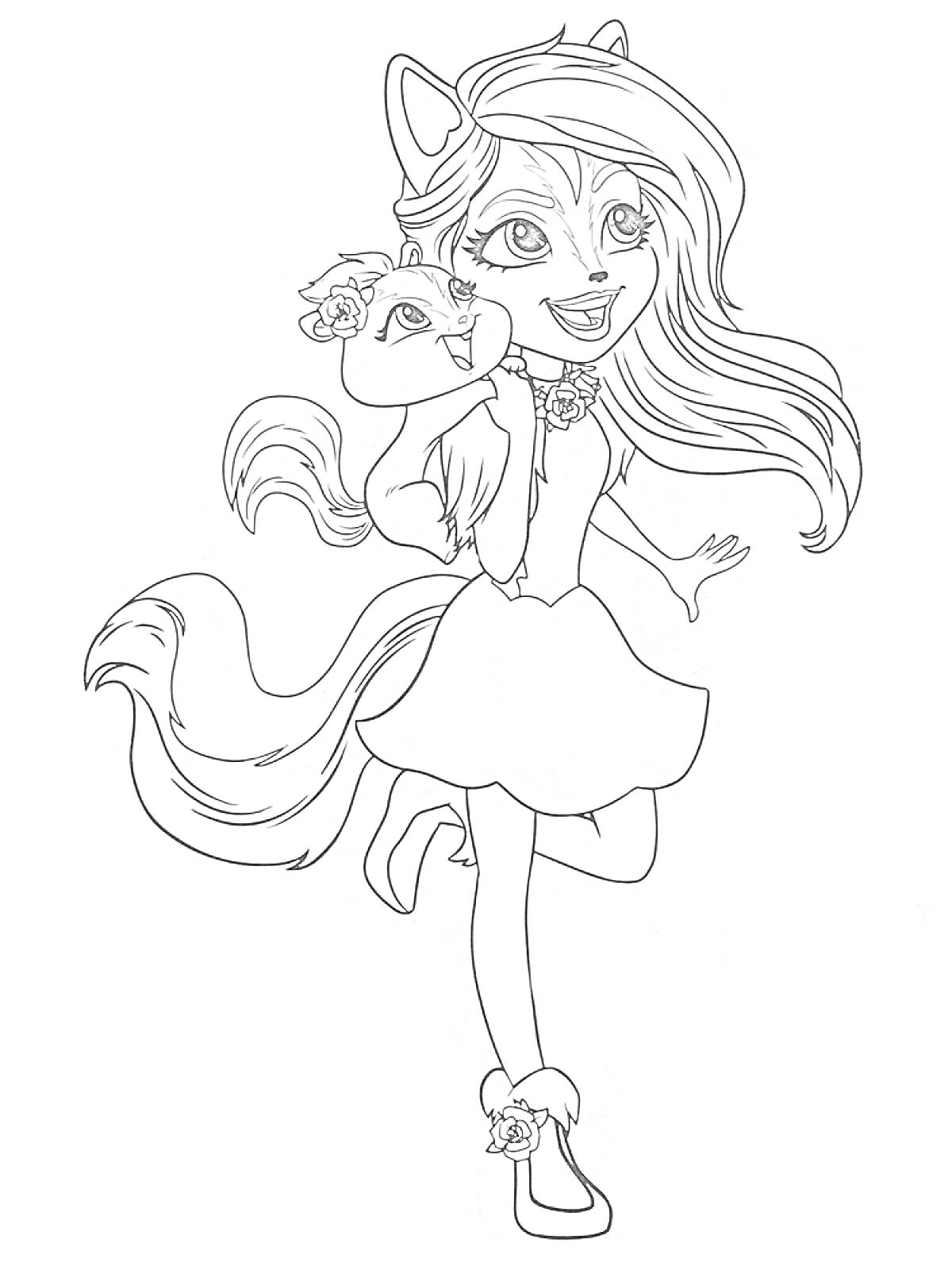 Раскраска Девочка-энчантималс с ушками, держит животное, одета в платье и туфельки с мехом
