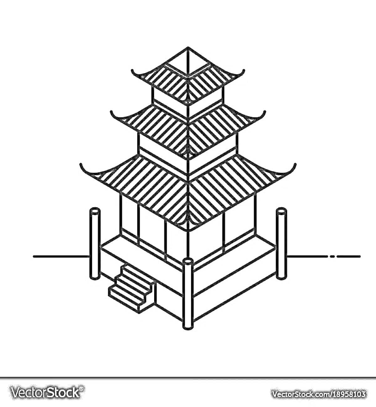 Раскраска Китайский храм с трехъярусной крышей, колоннами и лестницей