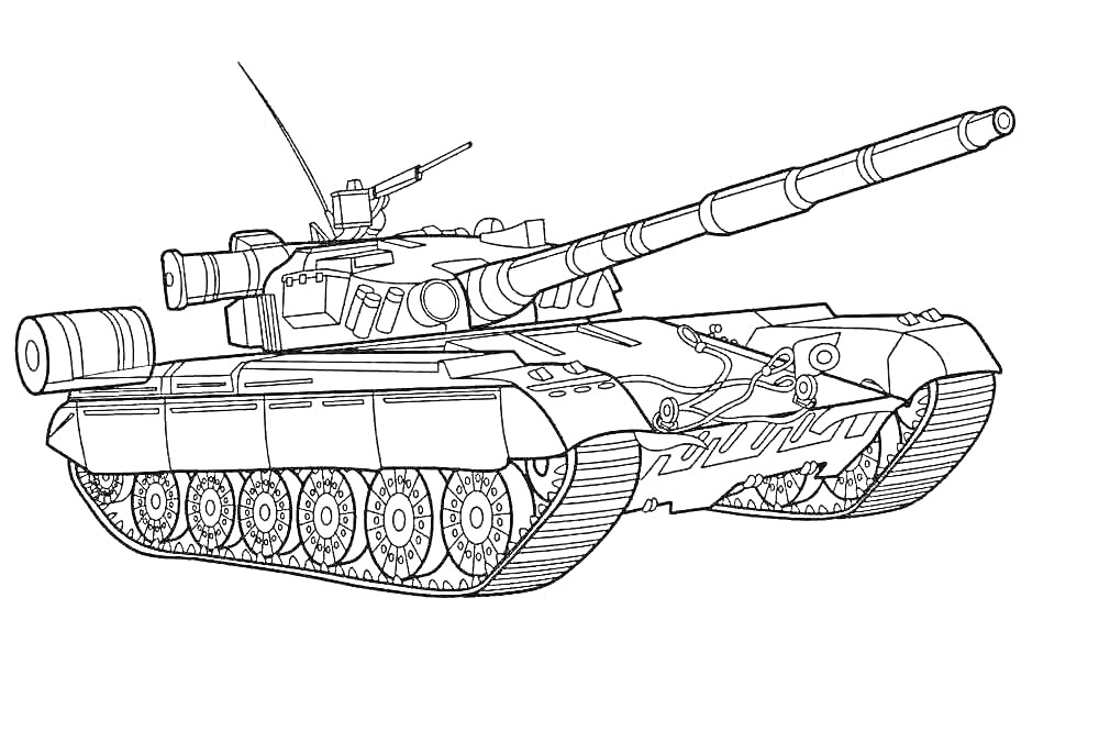 Раскраска Основной боевой танк с длинной пушкой, гусеницами и оборудованием на башне