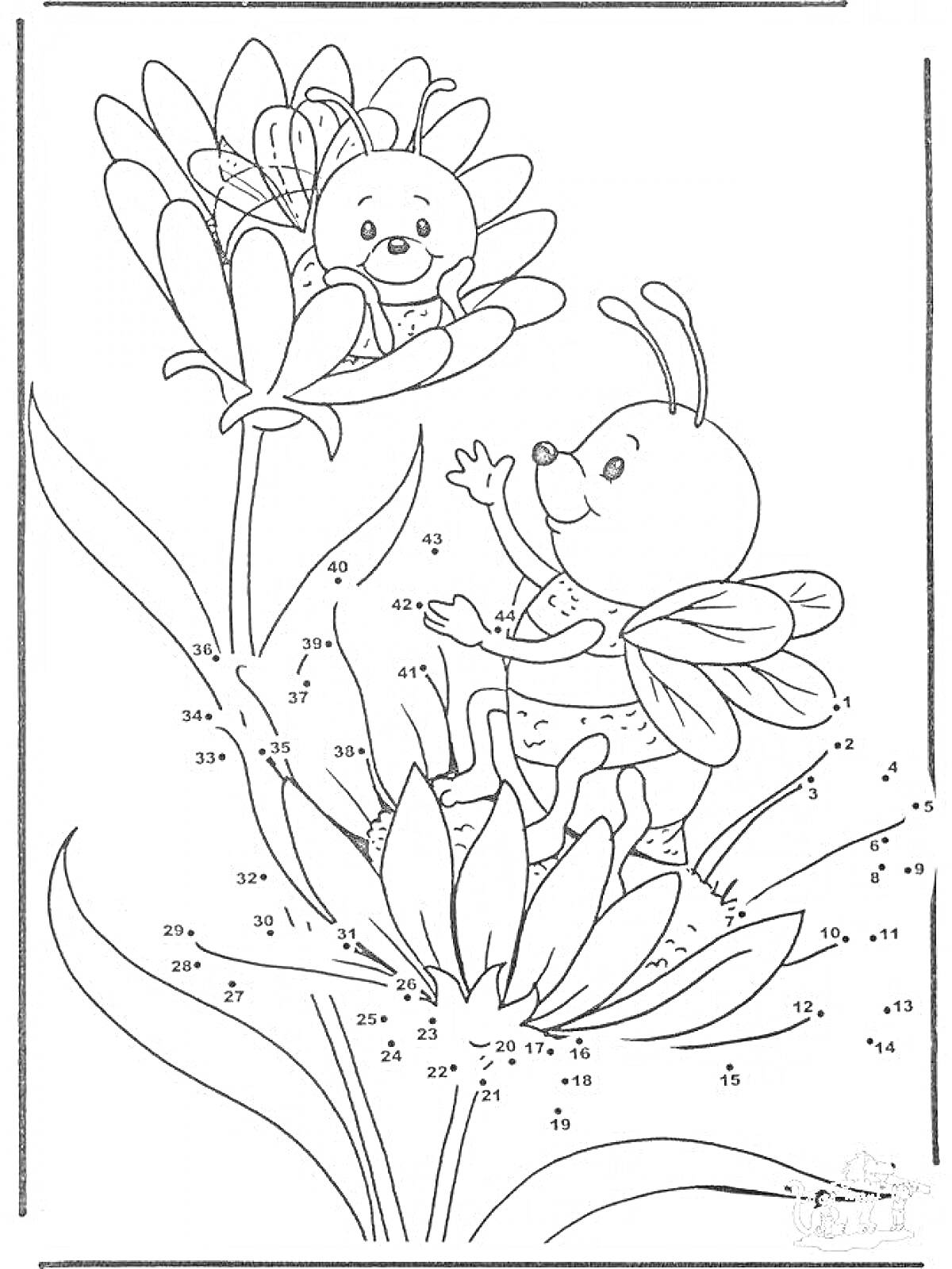 На раскраске изображено: По точкам, Пчелы, Цветы, Игра, Обучение, Цифры