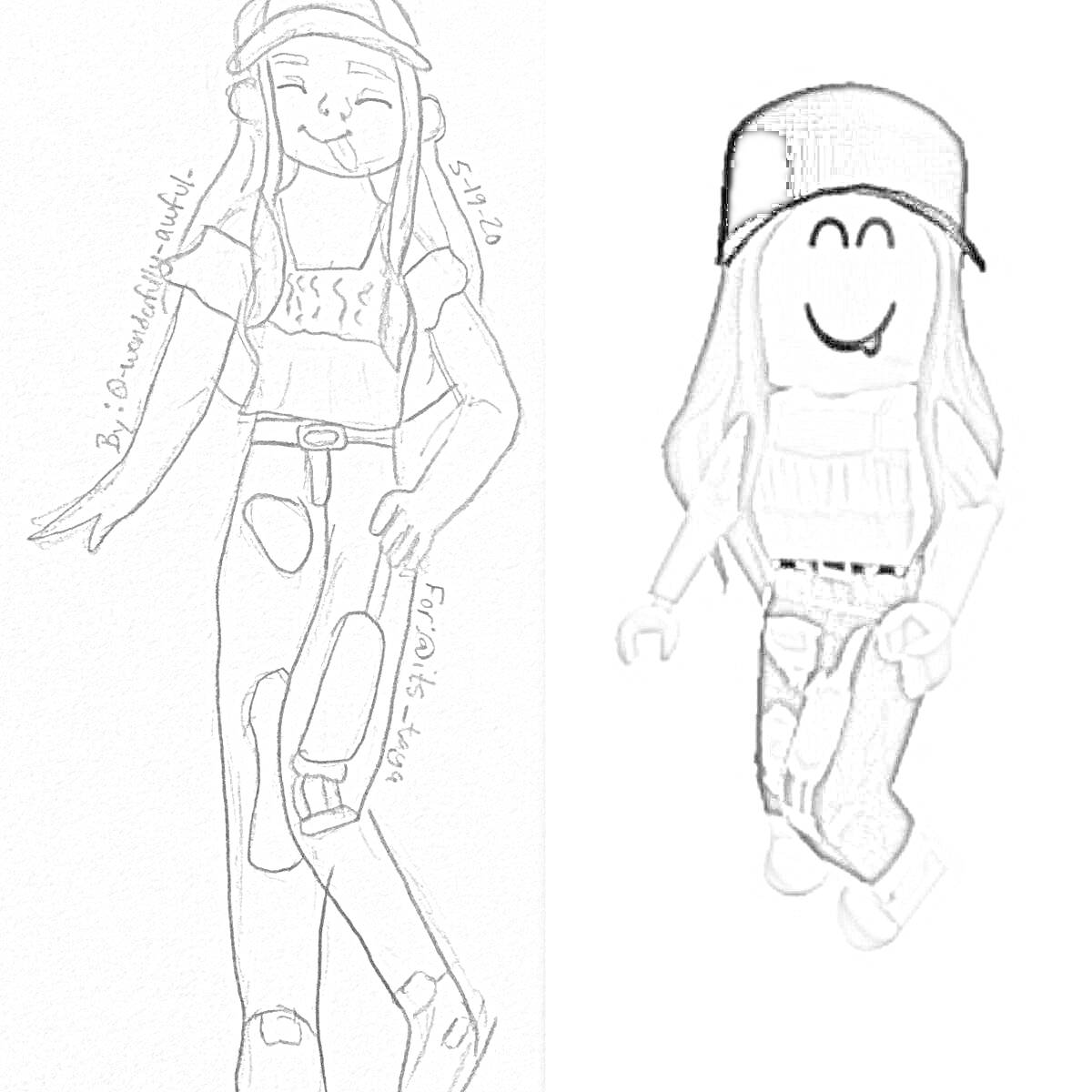 На раскраске изображено: Девочка, Roblox, Длинные волосы, Игровые персонажи, Кепки
