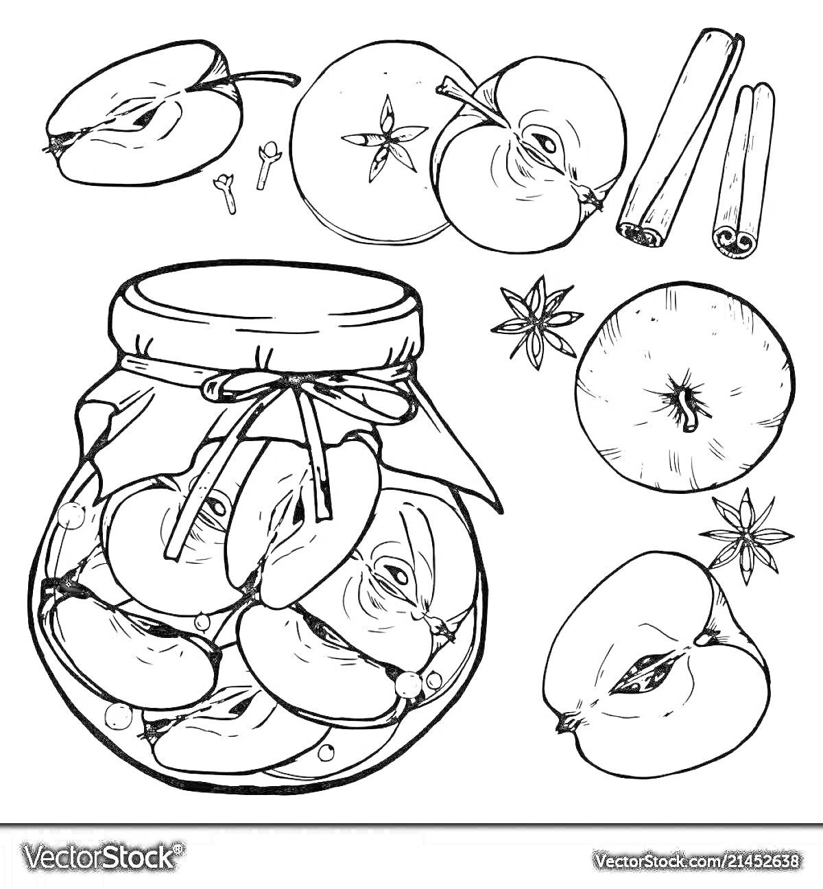 Раскраска Банка с компотом из яблок и груш, целые и нарезанные фрукты, палочки корицы, звездочки аниса и гвоздика