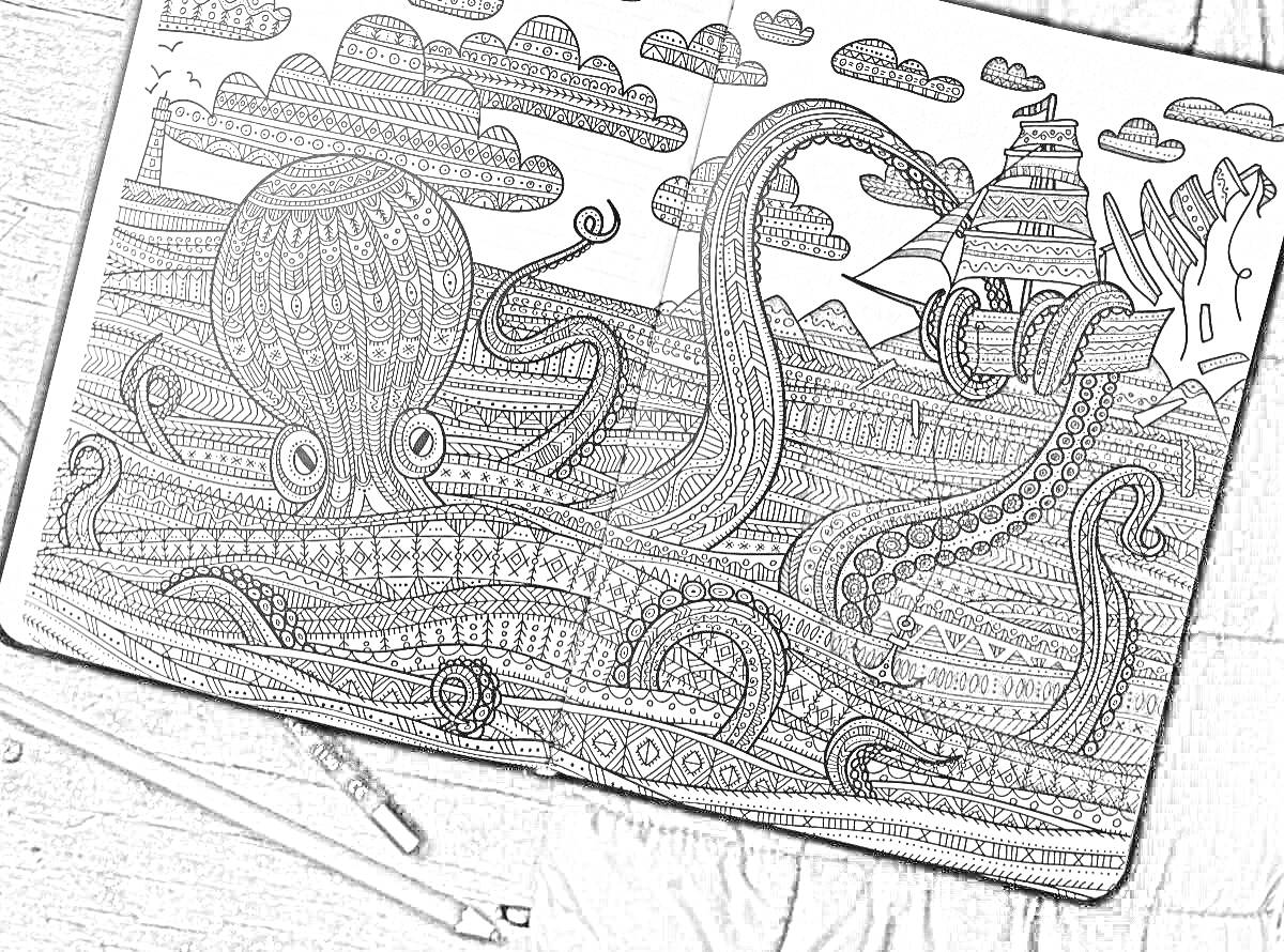 Раскраска Осминог и пиратский корабль в море с узорами