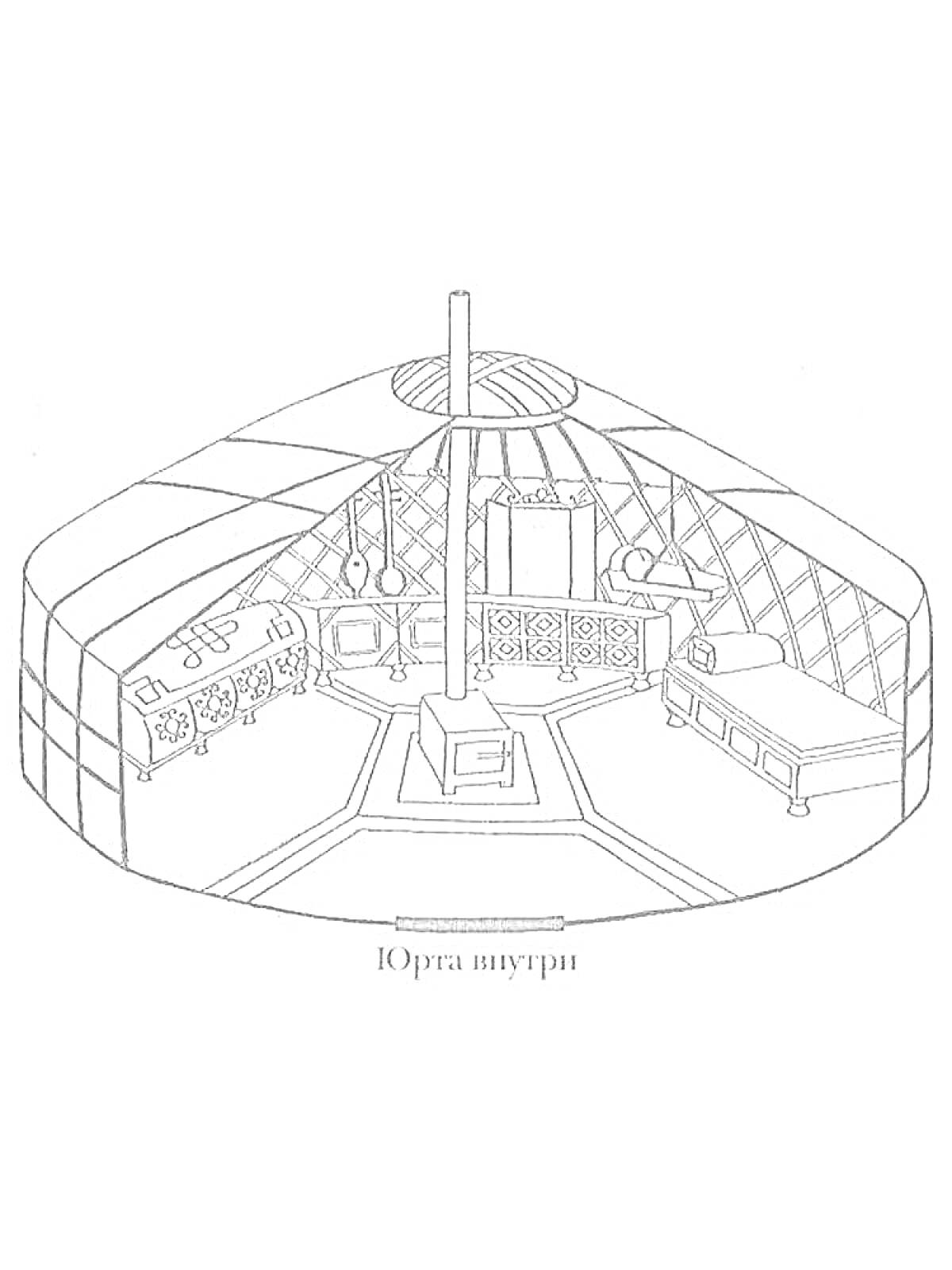 Раскраска Внутреннее убранство юрты с очагом, кроватью, сундуком и орнаментом