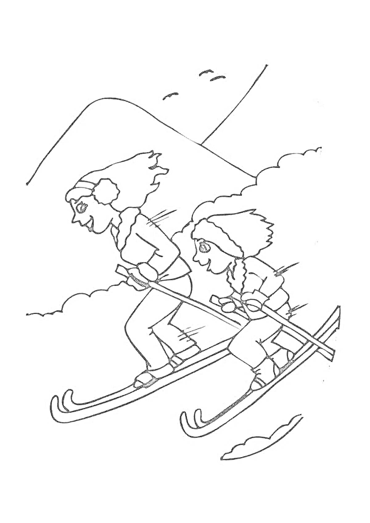 Раскраска Семья на лыжах в горах