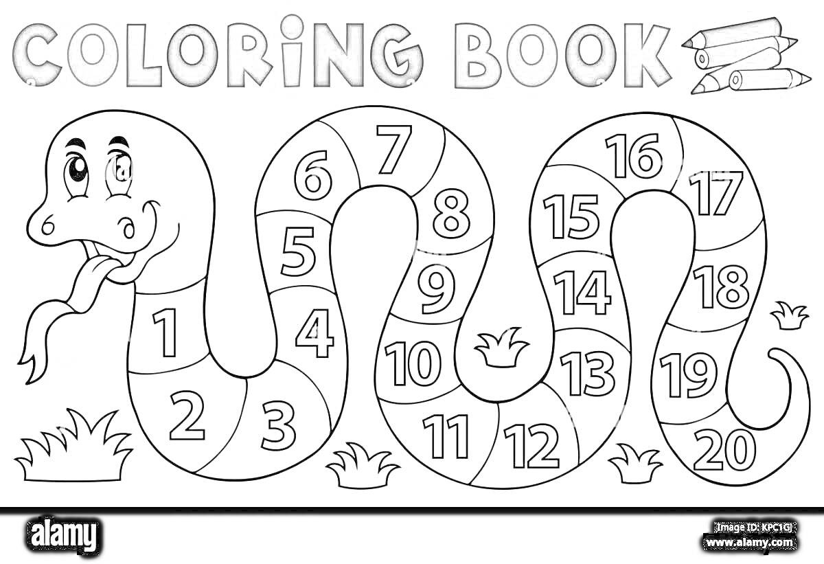 Раскраска Змейка с числами от 1 до 20 и тремя кустиками