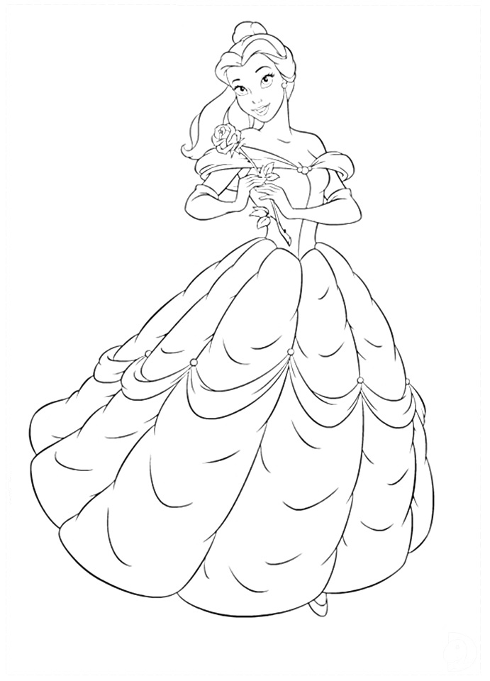 Раскраска Принцесса в пышном платье с розой в руках
