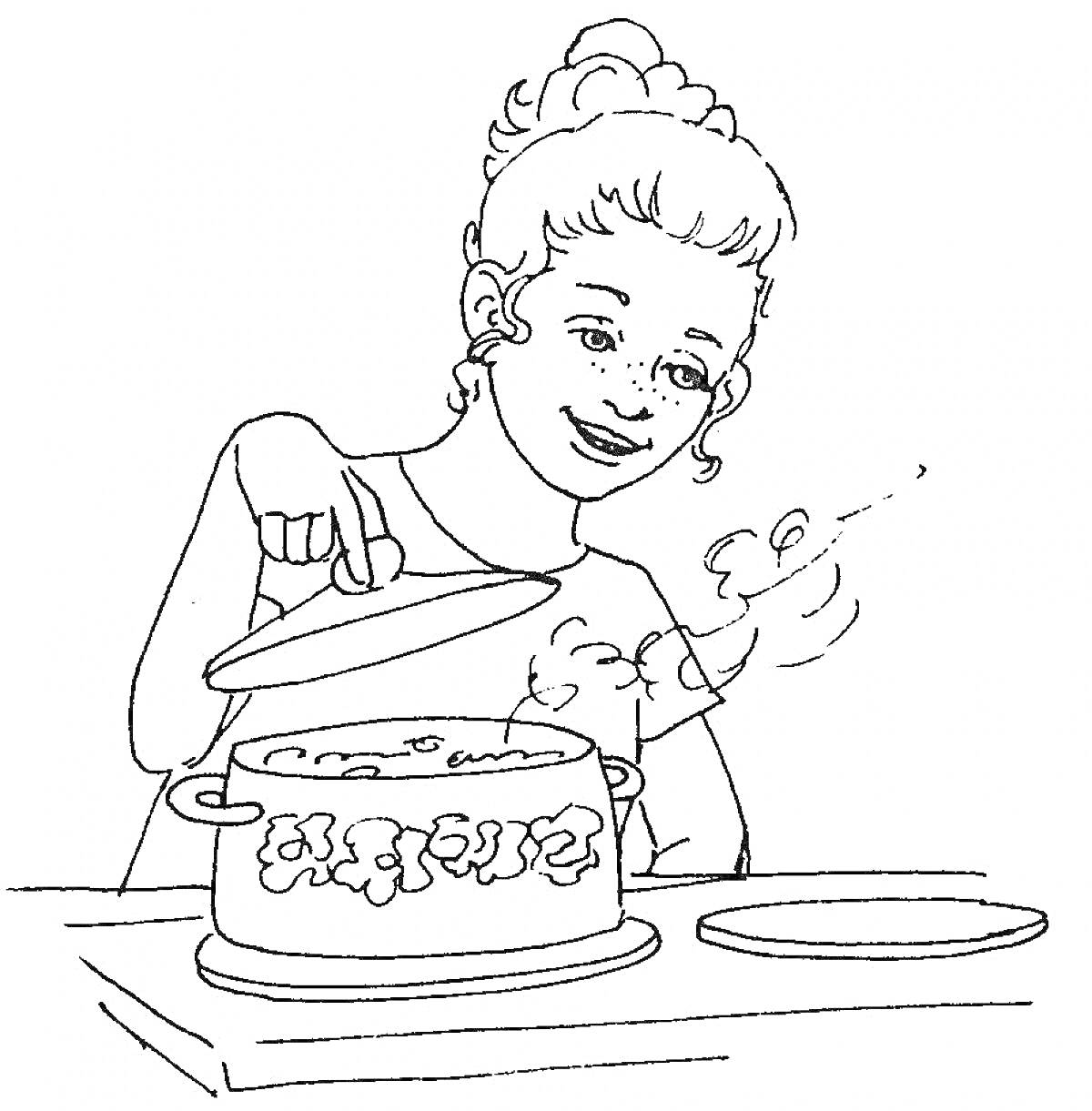 Раскраска Девочка открывает кастрюлю с едой на столе, рядом пустая тарелка