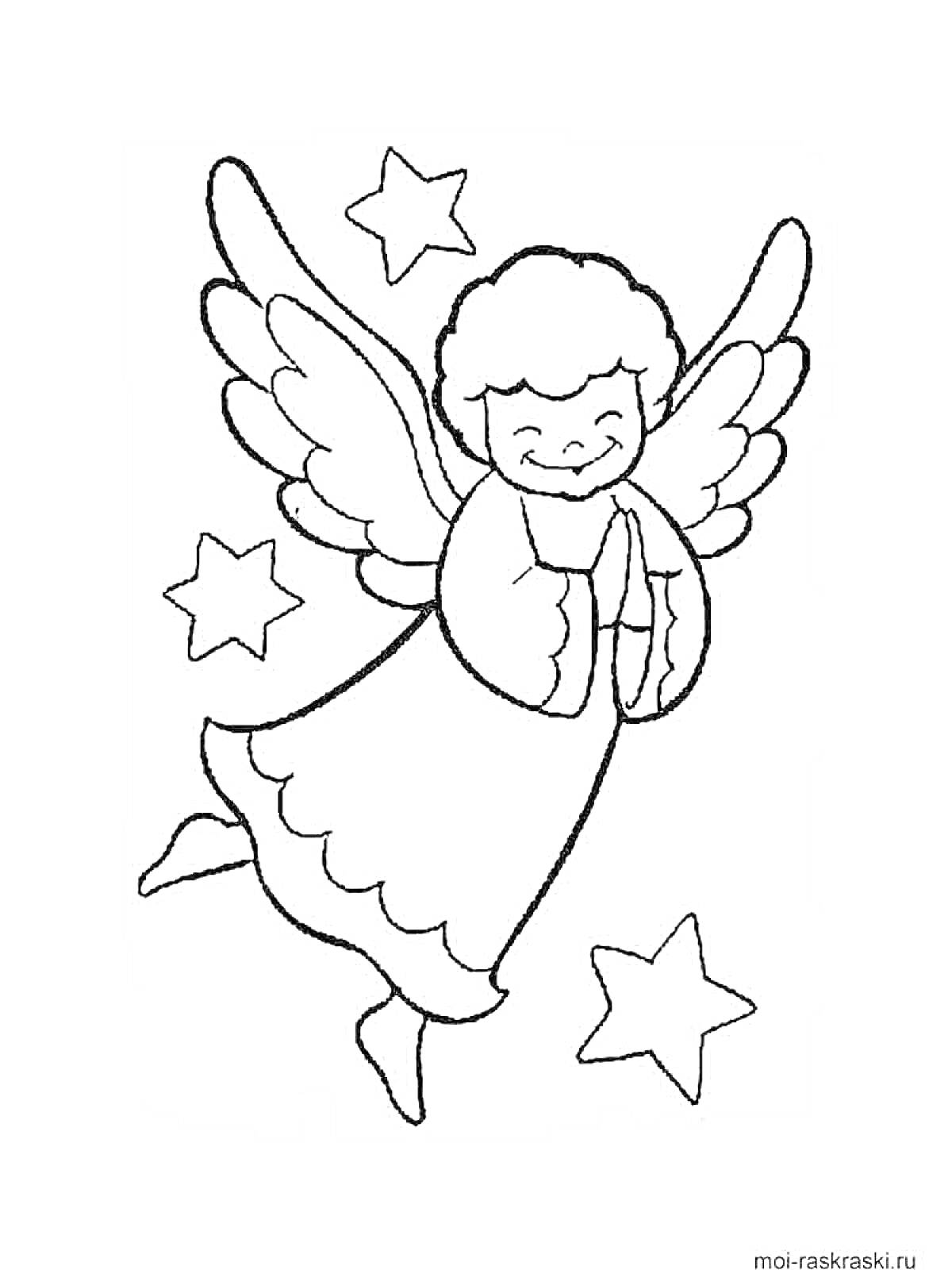 На раскраске изображено: Ангел, Крылья, Звезды, Небесное существо, Улыбка, Для детей