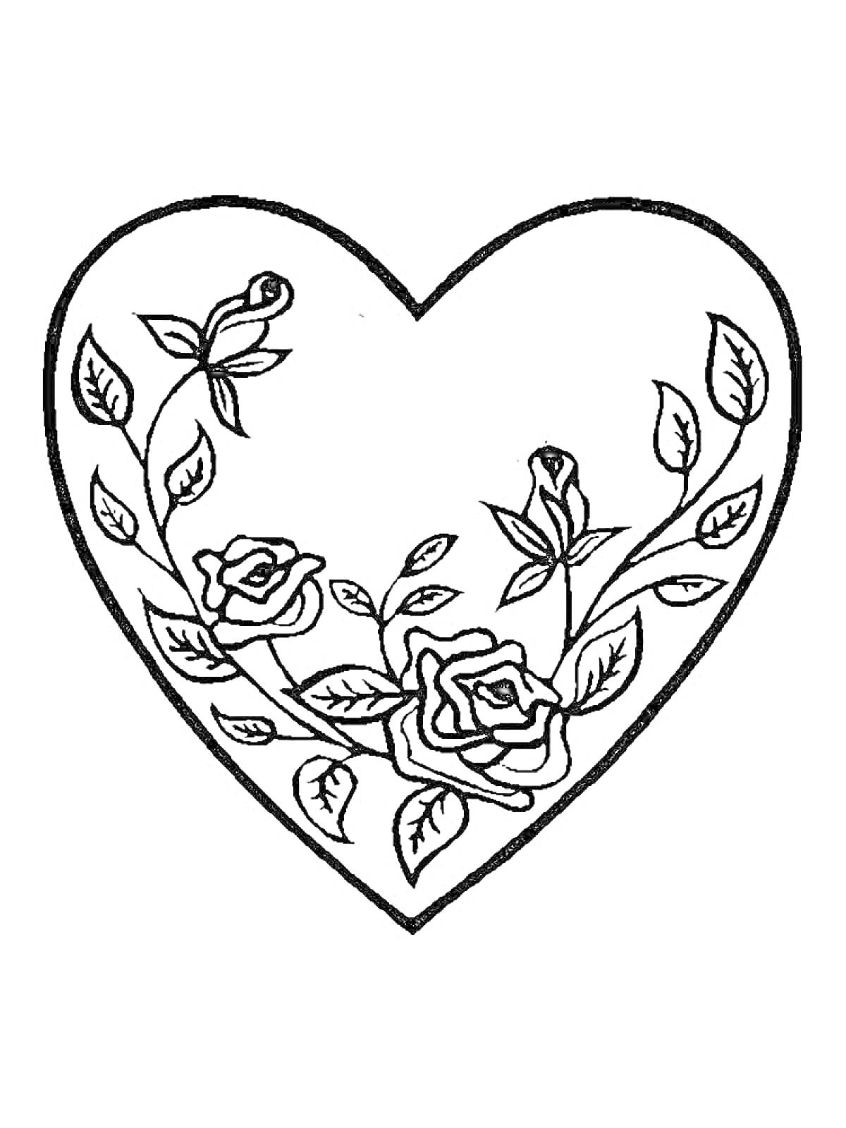 Раскраска Сердце с розами и листьями