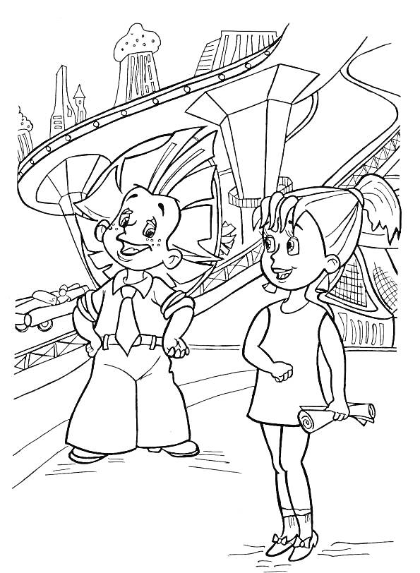Раскраска Незнайка и девочка на фоне космического города с трассой и футуристическими зданиями