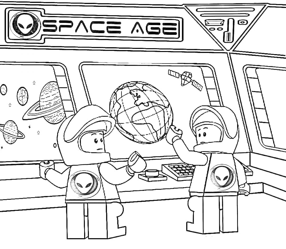 Лего космическая станция с инопланетянами, двумя космонавтами и изображением планет