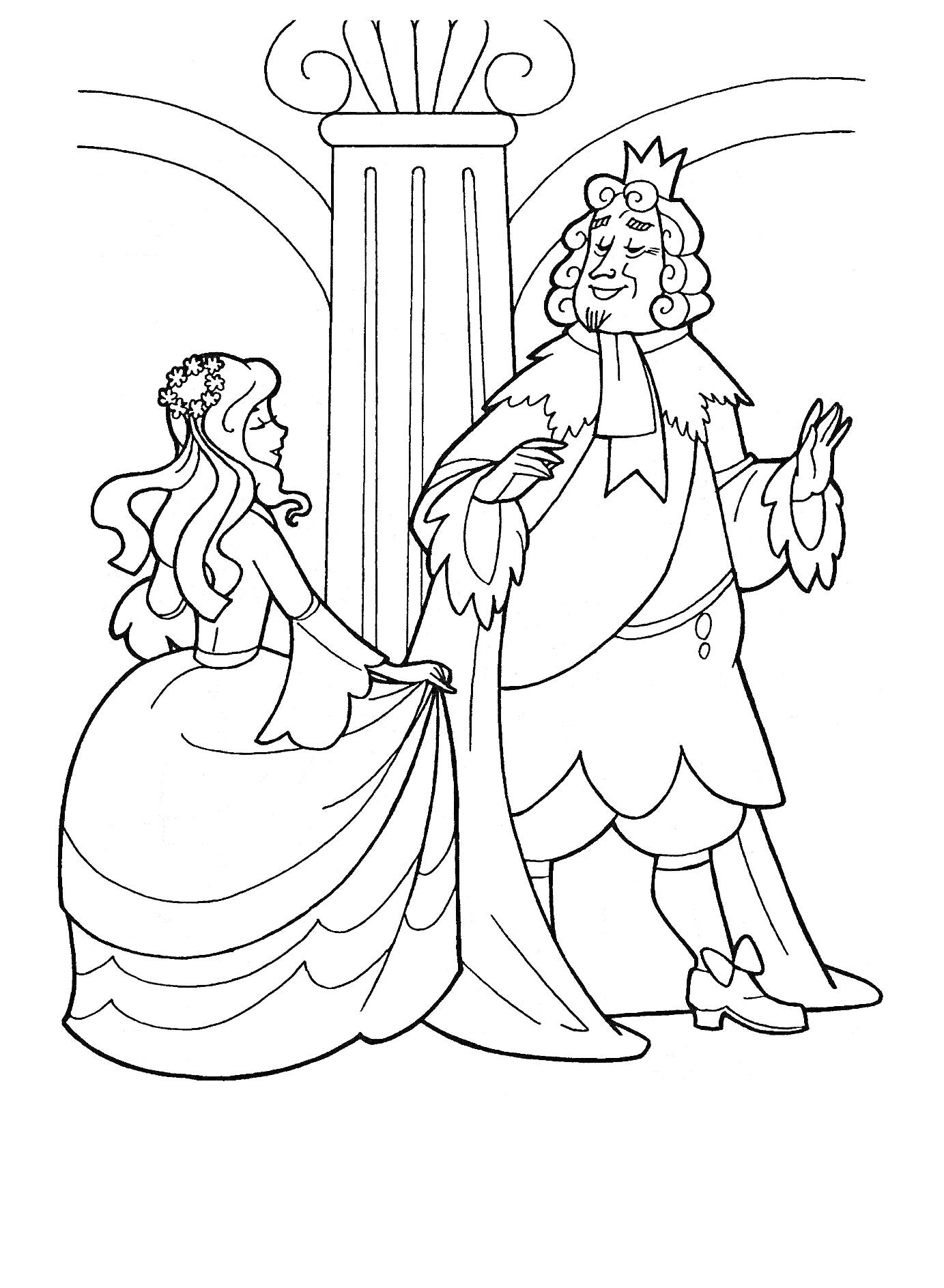 Раскраска Золушка держит за плащ короля на фоне колонны.