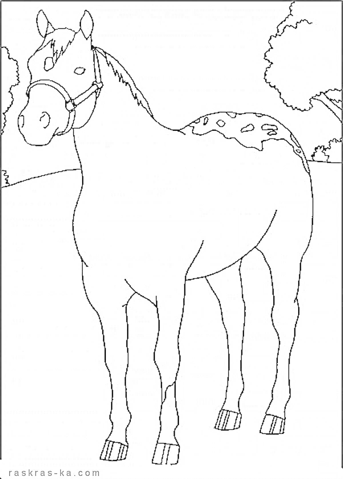 На раскраске изображено: Лошадь, Пастбище, Деревья, Для детей, Животные