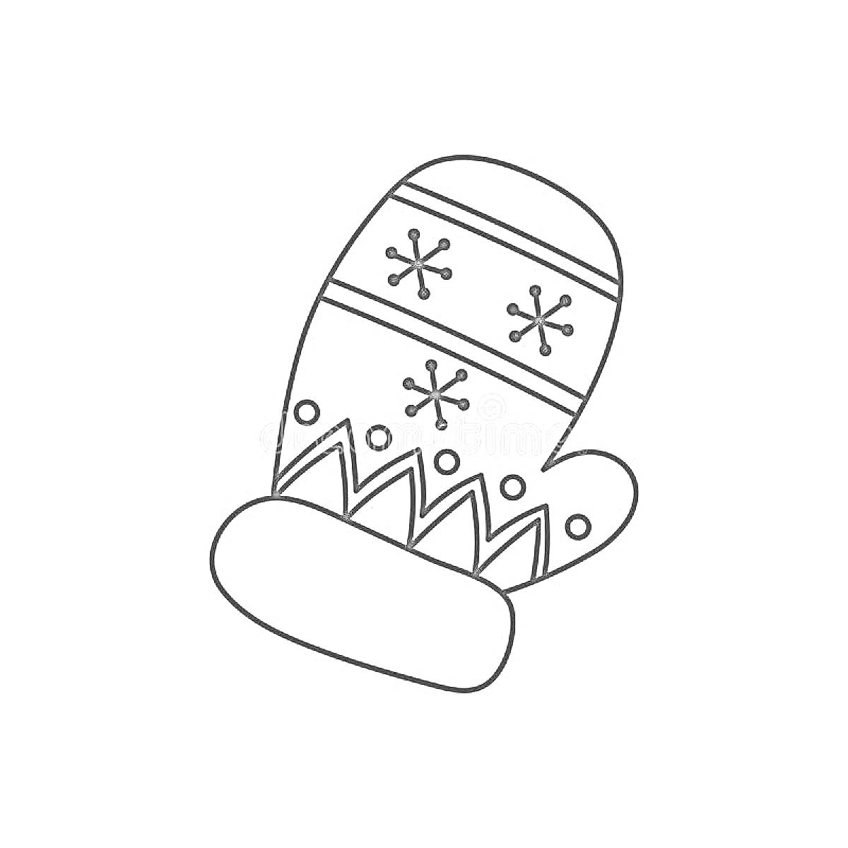 На раскраске изображено: Снежинки, Зима, Зимняя одежда, Для детей, Зигзаги, Рукавицы, Узоры