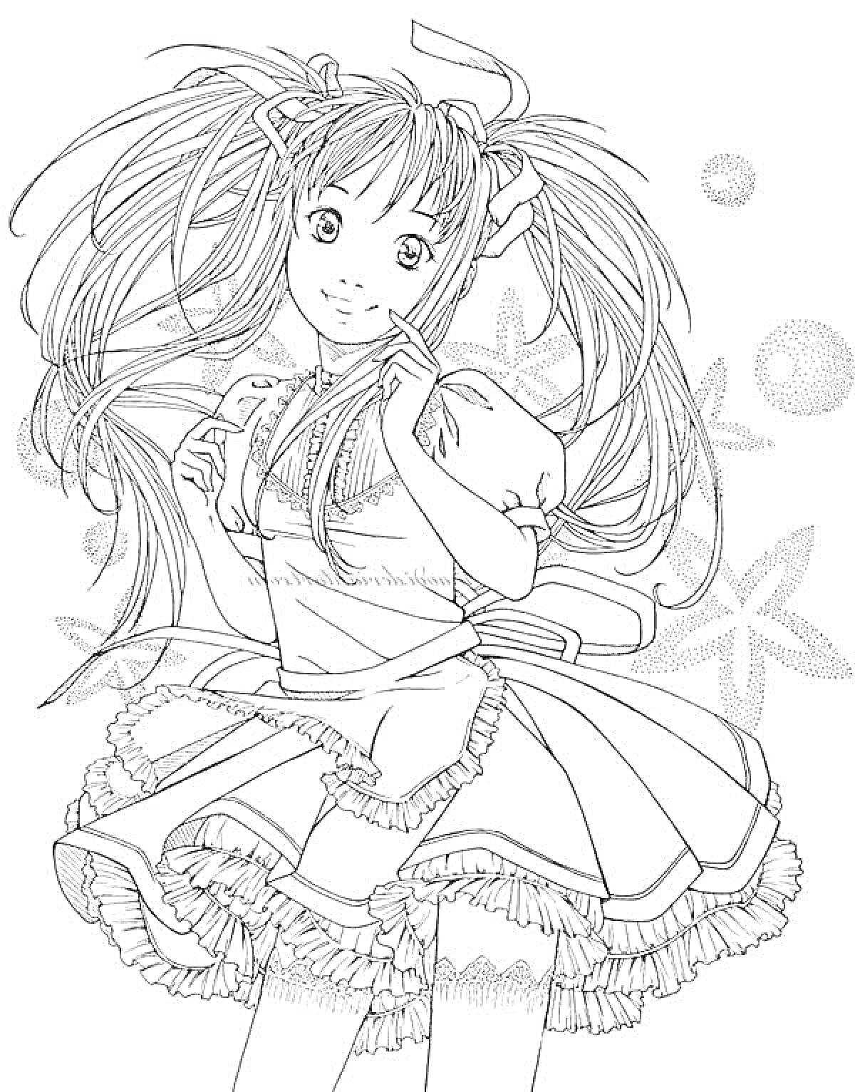 Раскраска Девочка в платье с двумя хвостиками, звезды и точки на фоне