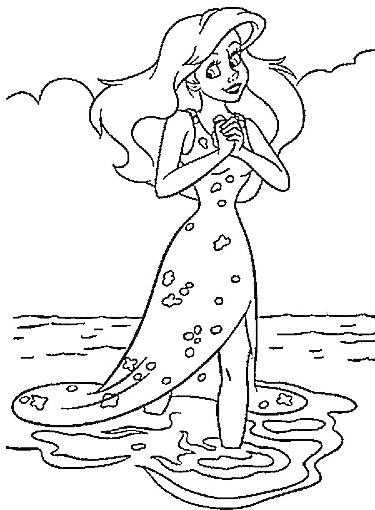На раскраске изображено: Принцесса, Вода, Море, Облака, Длинные волосы, Платье, Из мультфильмов, Русалка, Дисней