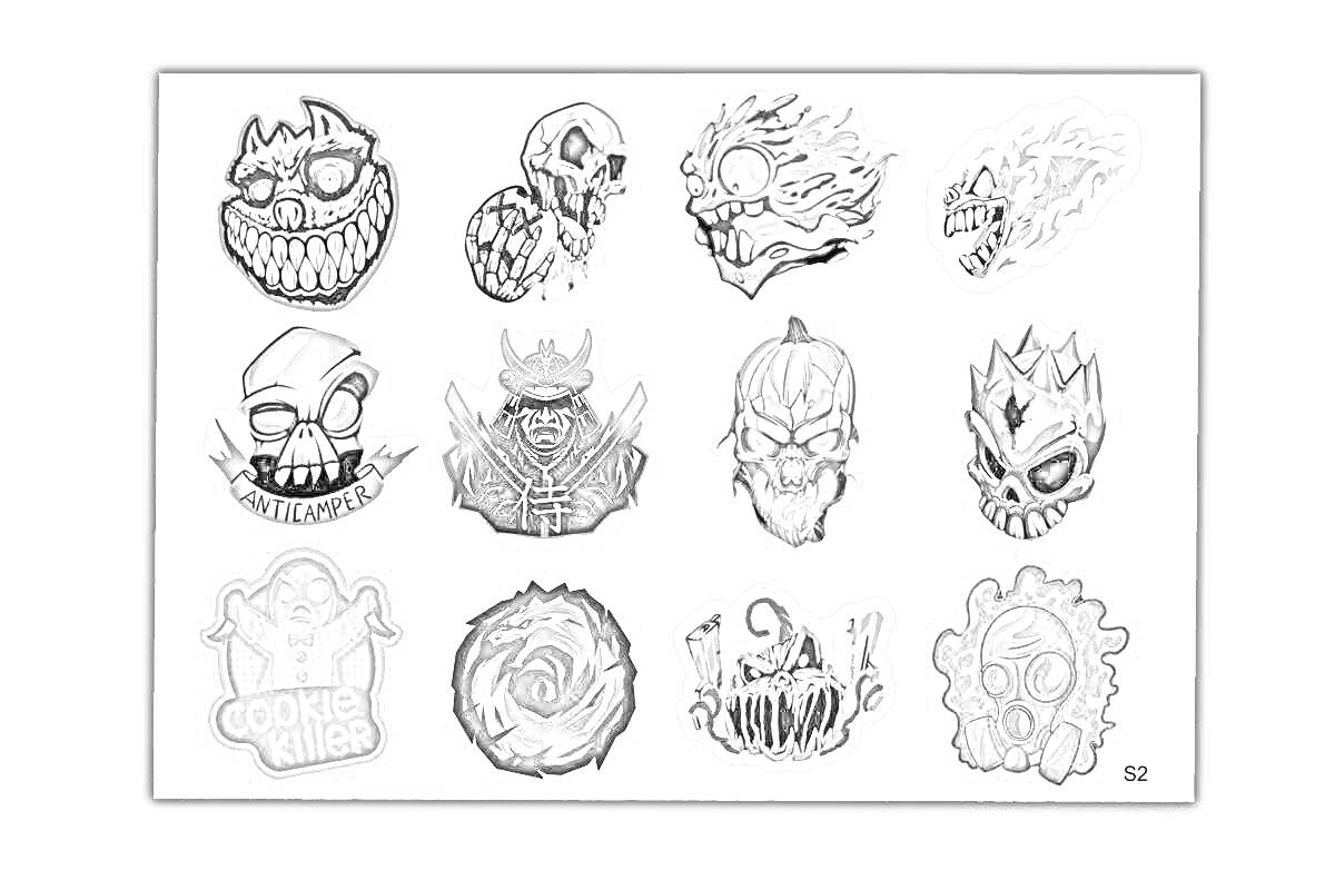 Раскраска Наклейки из игры Standoff 2 с изображениями черепов, тыквы, существ с острыми зубами, огненных голов, монстров и масок