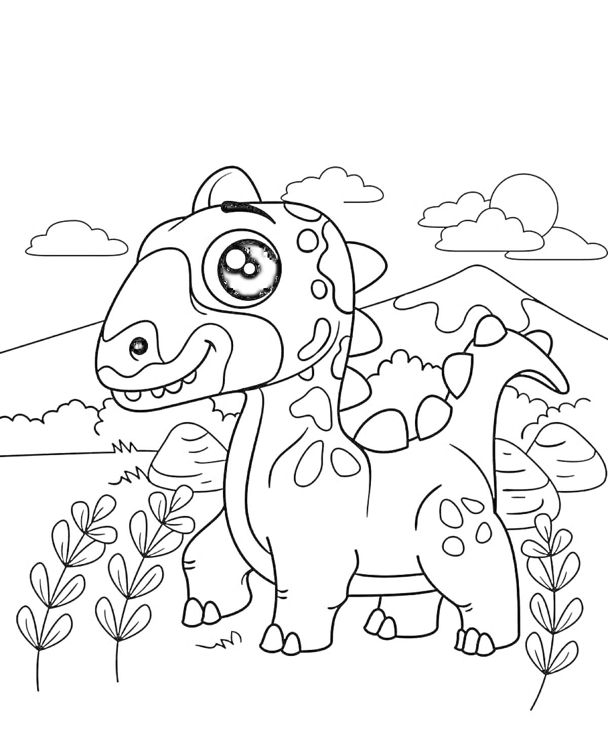 На раскраске изображено: Динозавр, Природа, Горы, Облака, Кусты, 4-5 лет, Для детей
