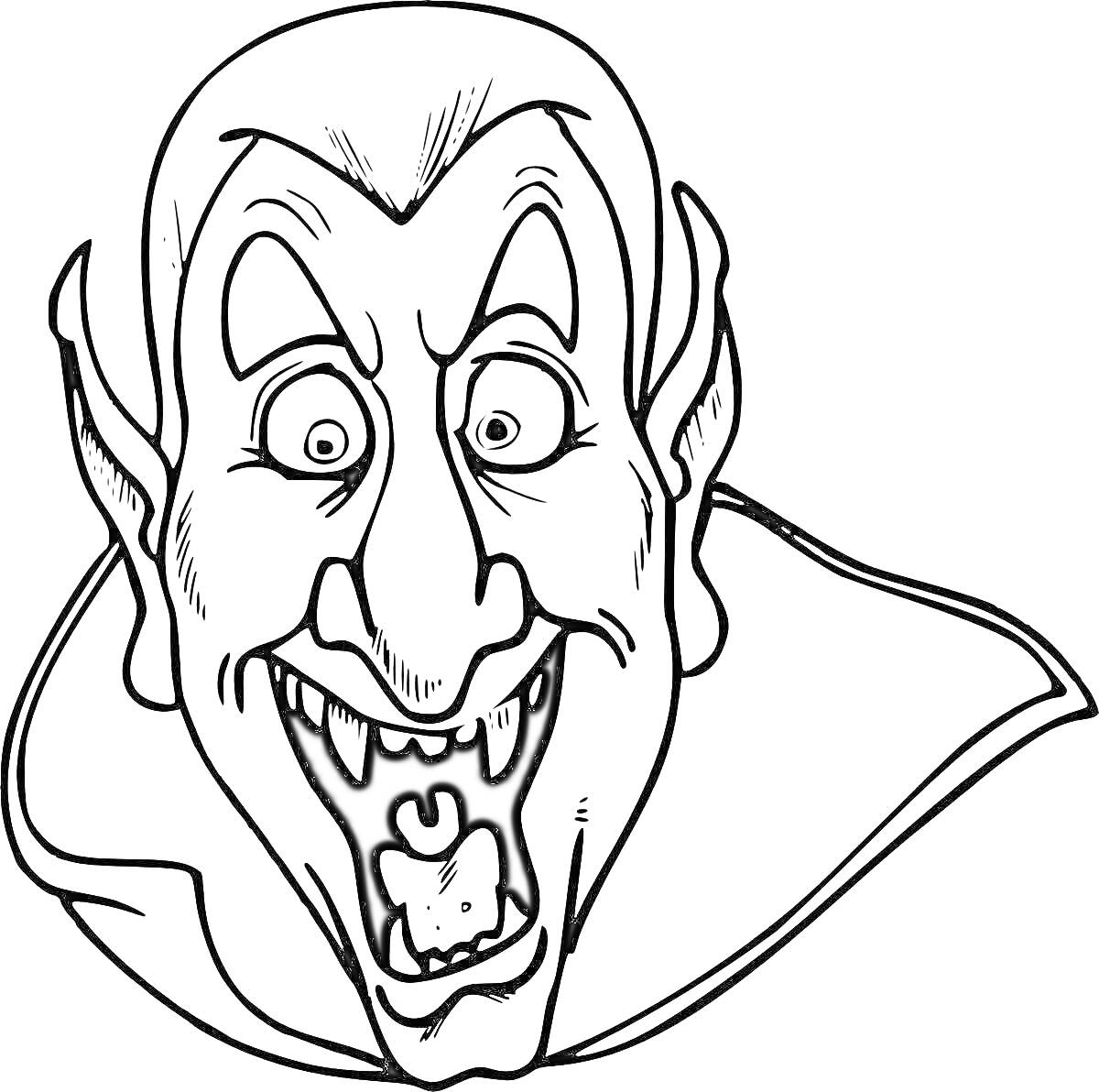 Раскраска Голова вампира с длинными ушами, клыками и накидкой