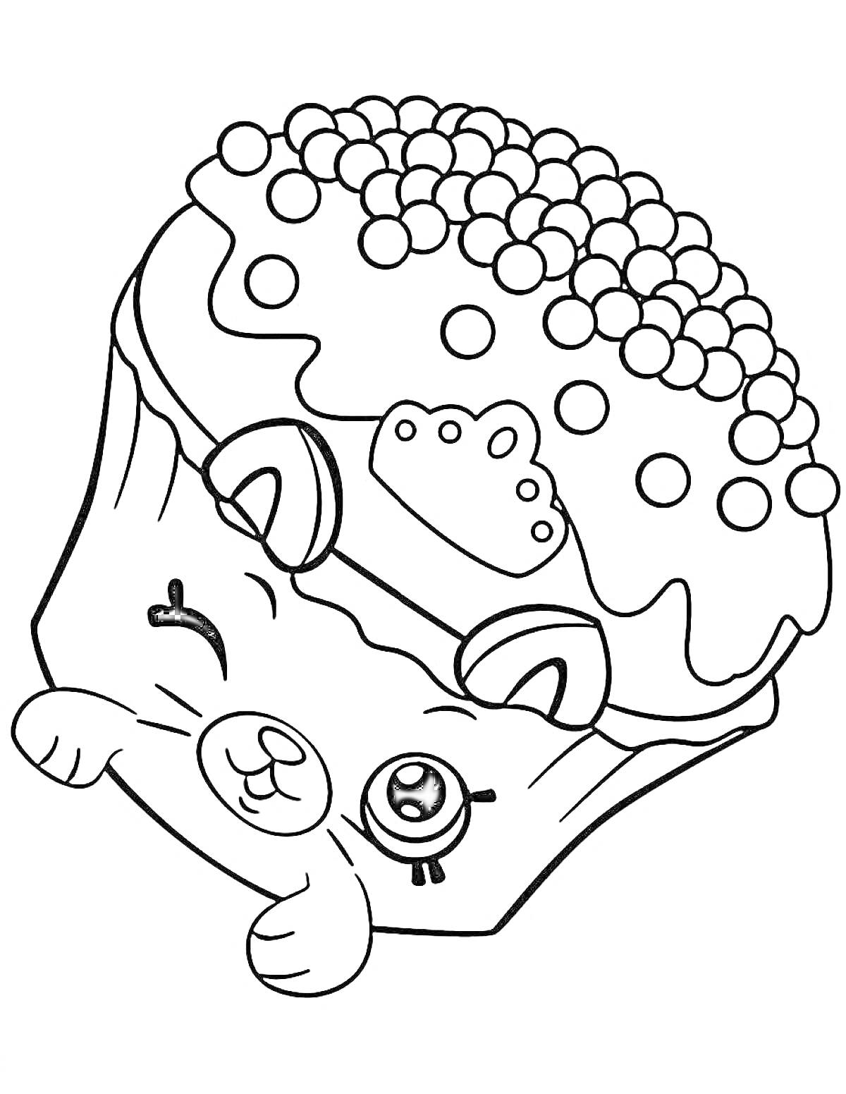 Раскраска Кекс с глазками, ушками и короной на голове, украшенный пупырками