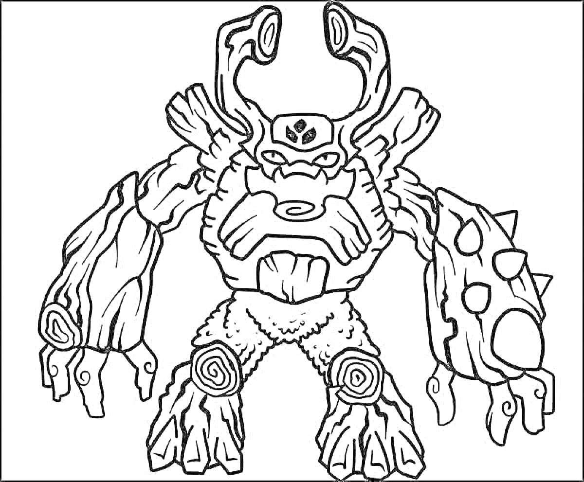 Раскраска Монстр с рогами, большими руками с когтями и меховыми ногами