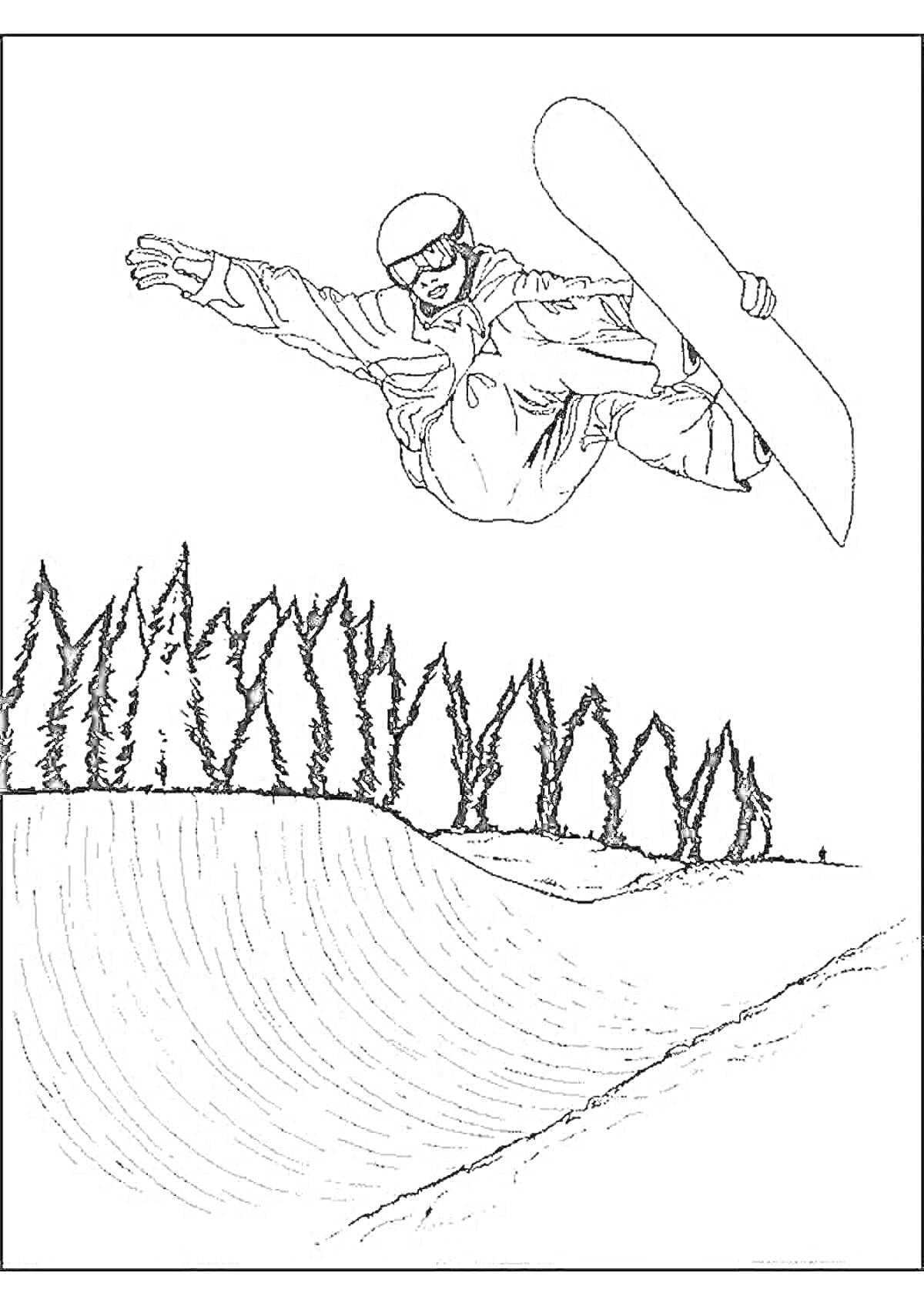 Раскраска Сноубордист в прыжке над заснеженным склонoм, с хвойными лесами на заднем плане