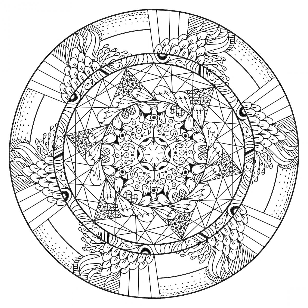 Раскраска Мандала с геометрическими узорами, извилистыми линиями и цветочными мотивами