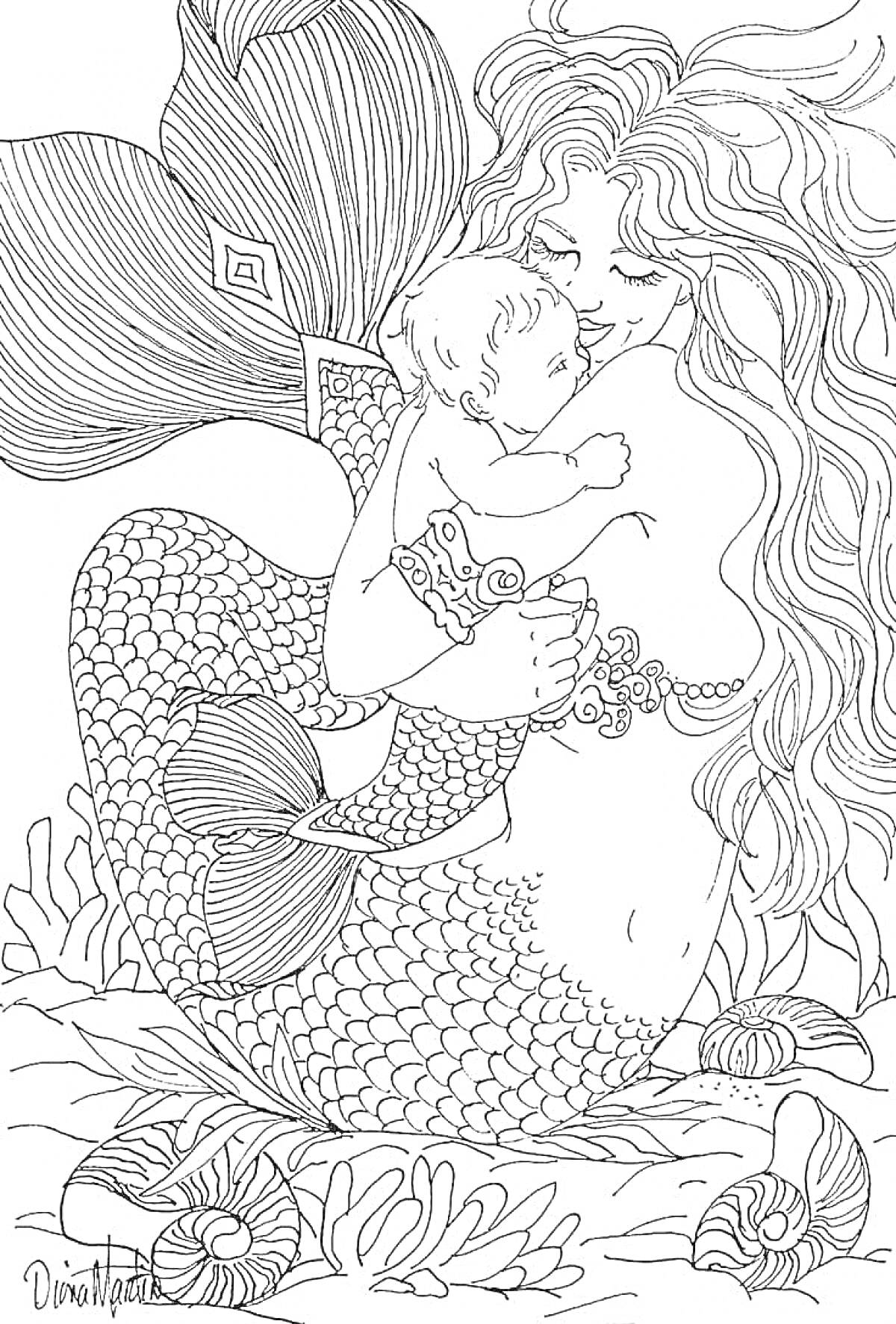 Раскраска Русалка обнимает младенца среди кораллов и ракушек