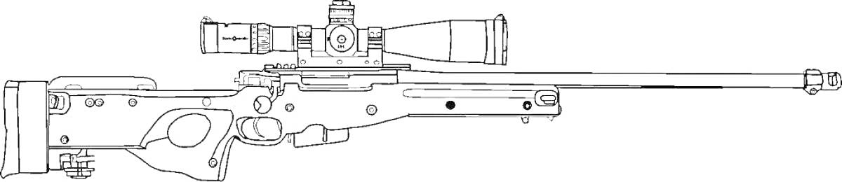 На раскраске изображено: Винтовка, AWM, Оптический прицел, Оружие, Снайперская винтовка