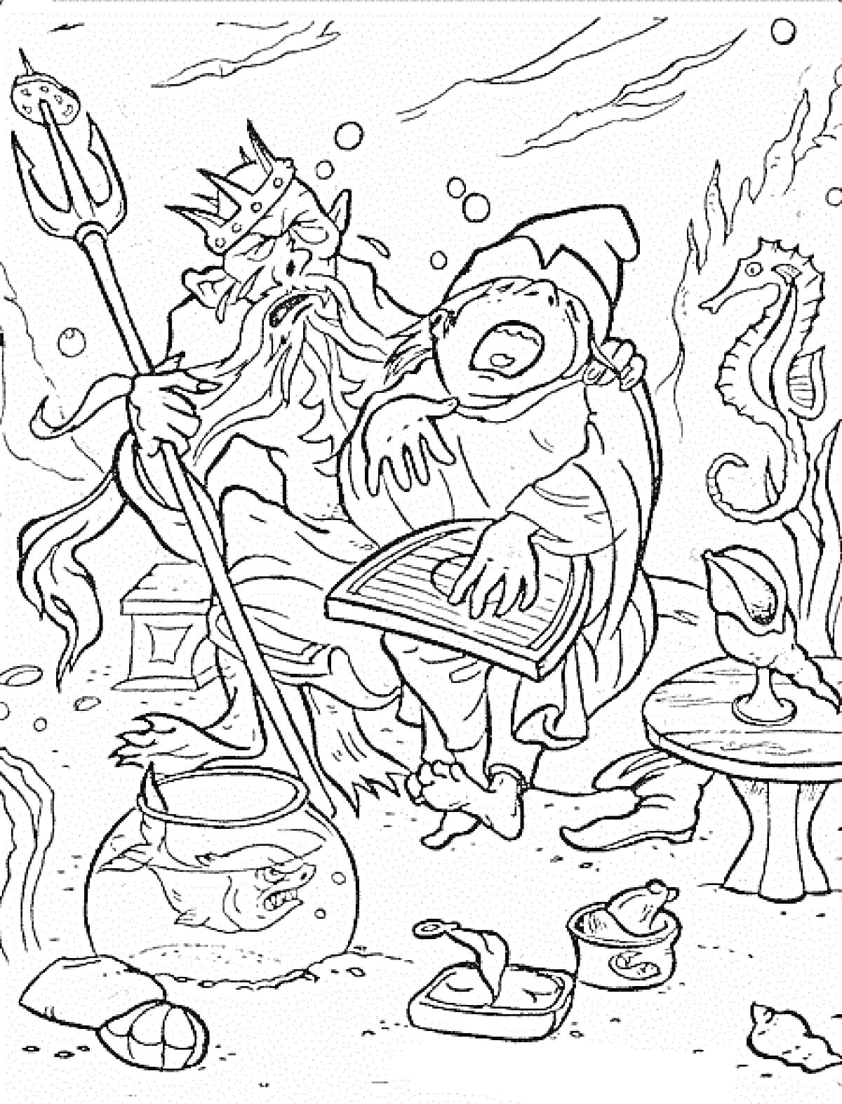 Раскраска Подводный царь и Садко играют на гуслях под водой, рыбы, морской конек, трон, посох, раковины, водные растения