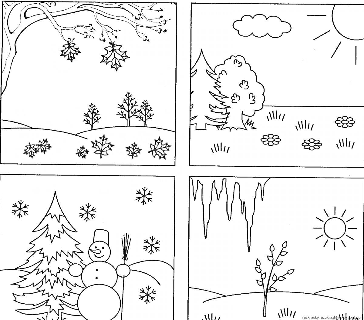 Времена года для детей 4-5 лет. Зима: снег, снеговик, елка. Весна: капель, солнечный день, почки на деревьях. Лето: солнце, облако, цветы, дерево, кусты. Осень: дерево с падающими листьями, опавшие листья на земле.