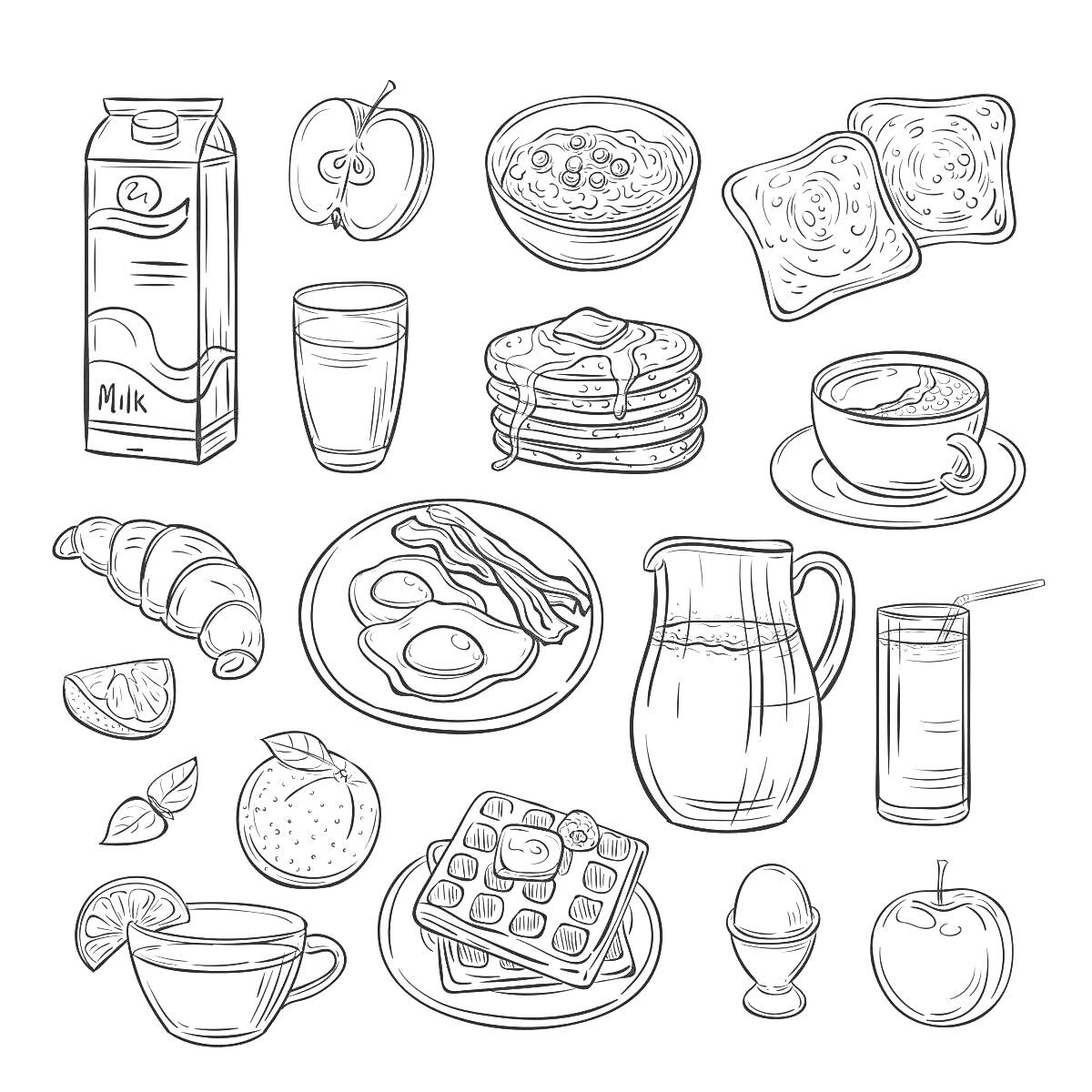 Раскраска Еда и напитки с сырниками, молоком, тостами, фруктами, яичницей, круассаном и йогуртом