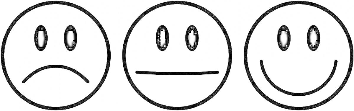 Раскраска три смайлика с разными выражениями лица: грустный, нейтральный, улыбающийся