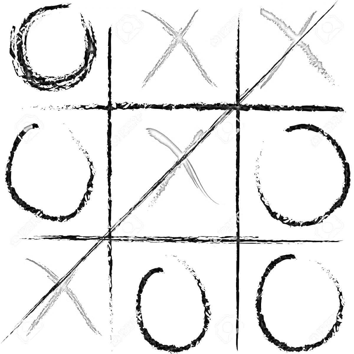 Раскраска крестики нолики на текстурированном фоне, линия победителя через диагональ