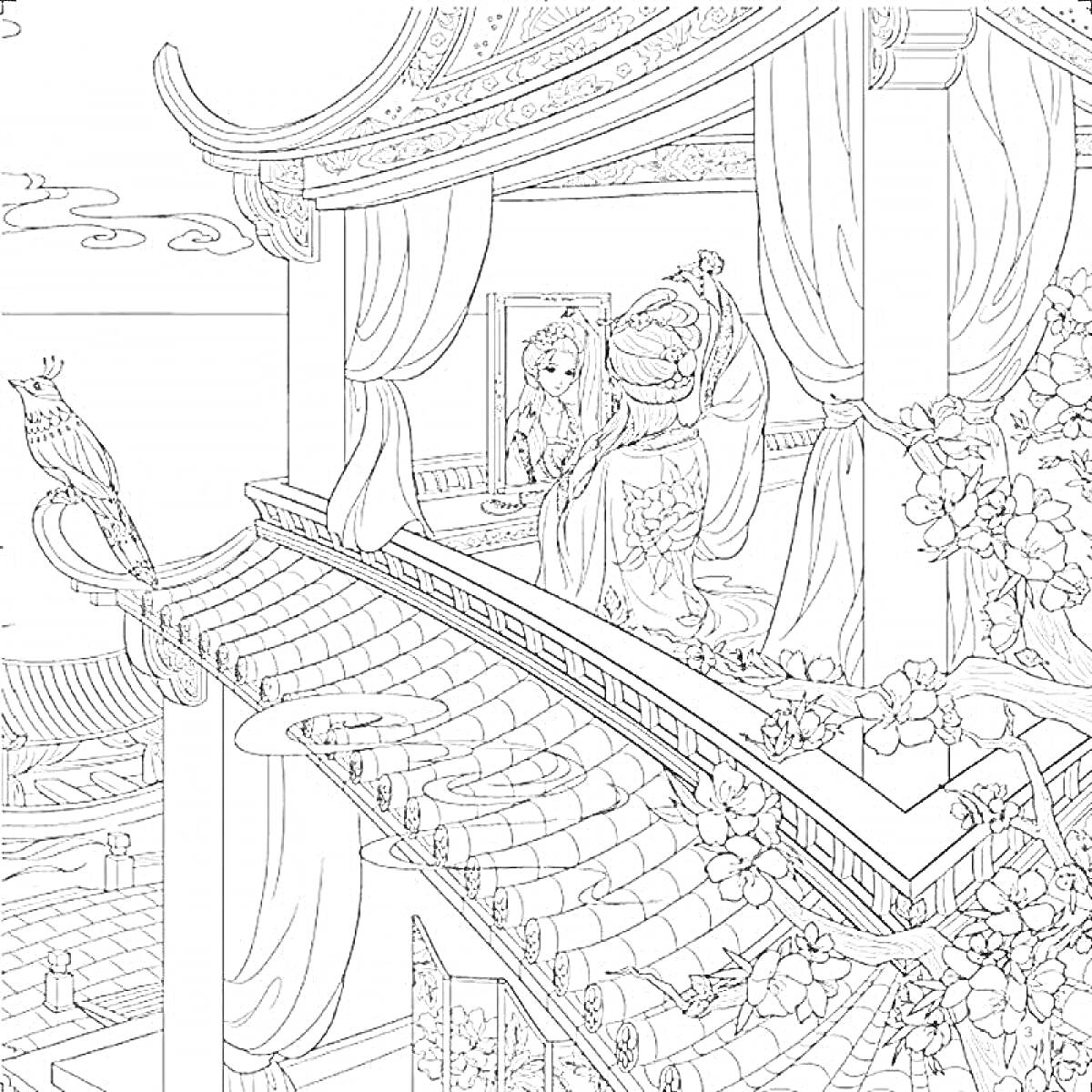 На раскраске изображено: Китайский, Дворец, Павлин, Цветы, Архитектура, Балкон, Пейзаж, Крыша