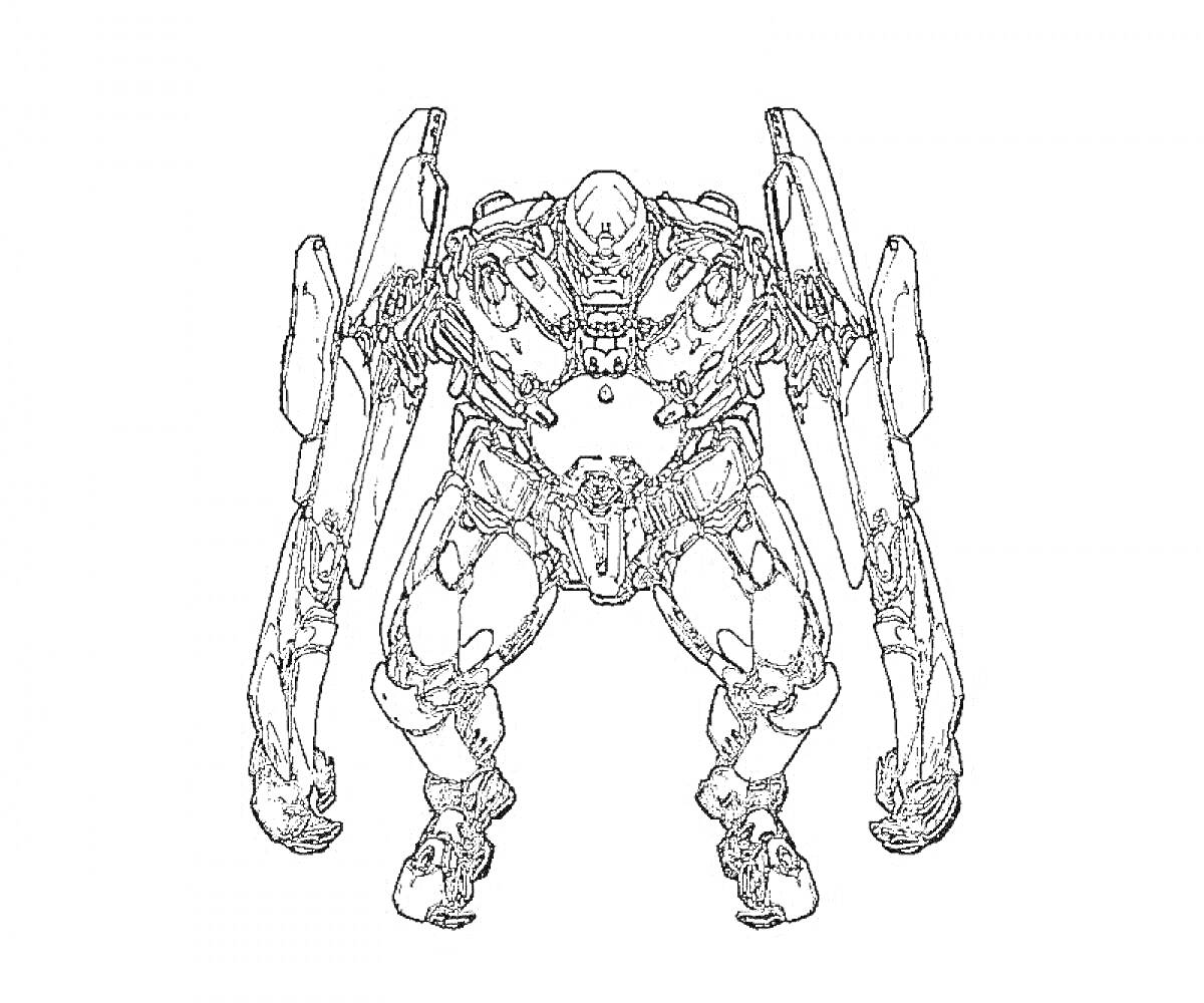 Раскраска Боевой робот-гигант, вид спереди, с двумя большими манипуляторами, из фильма 