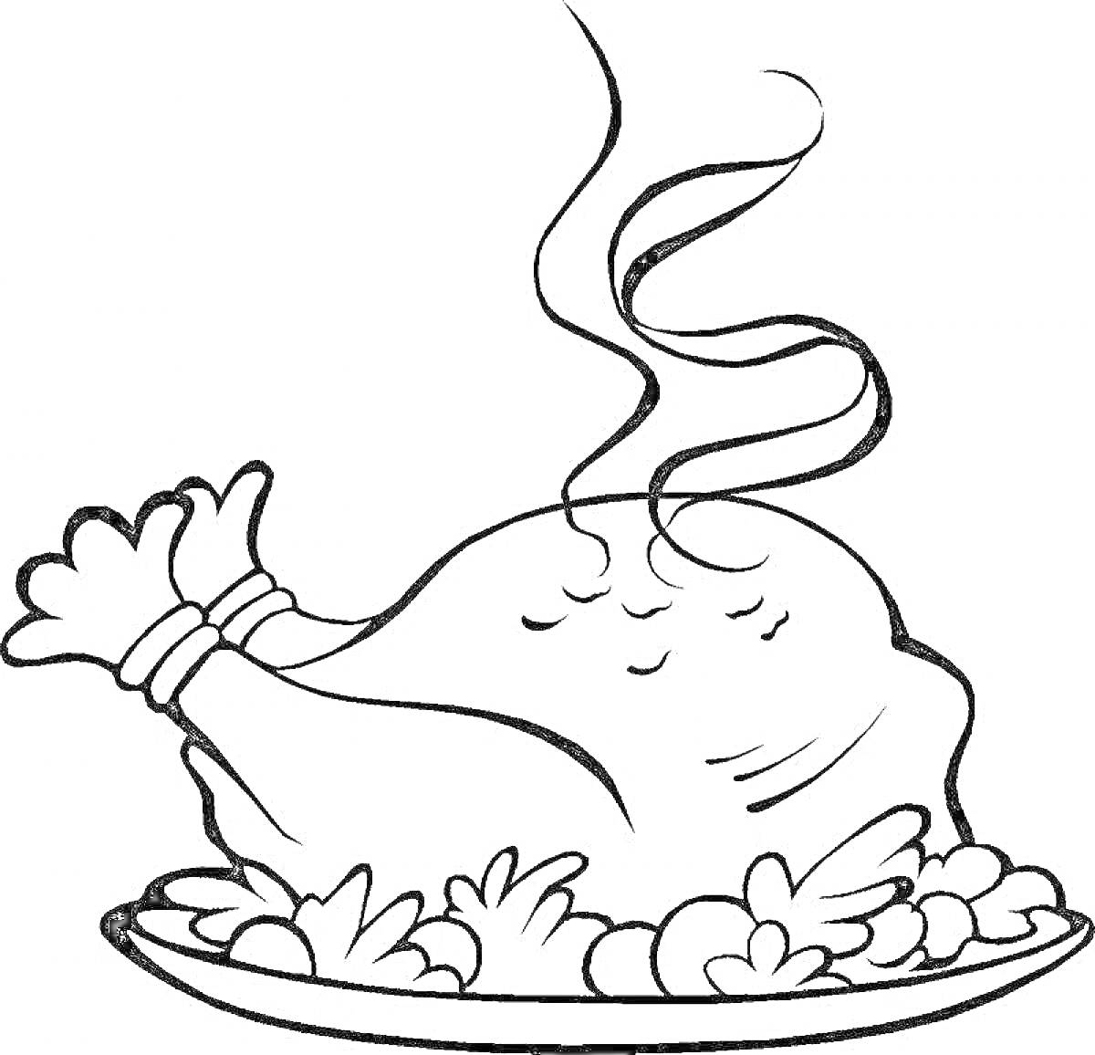 Раскраска Запечённая индейка с гарниром овощей на тарелке