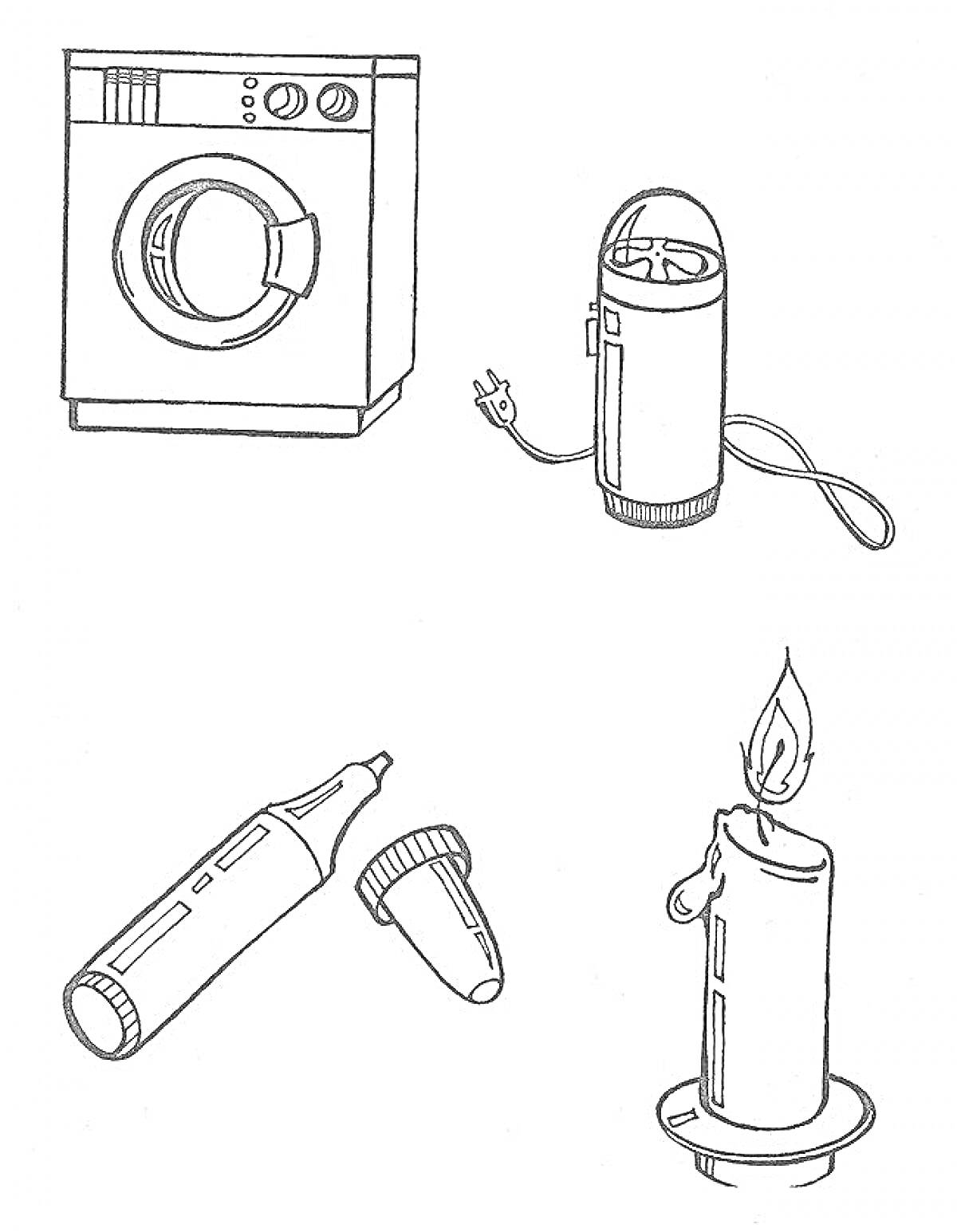Раскраска Стиральная машина, электрический блендер с проводом, термометр с крышкой, горящая свеча
