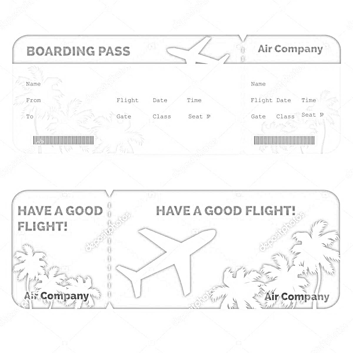 Билет на самолет с рисунком самолета и силуэтами пальм, текстом 