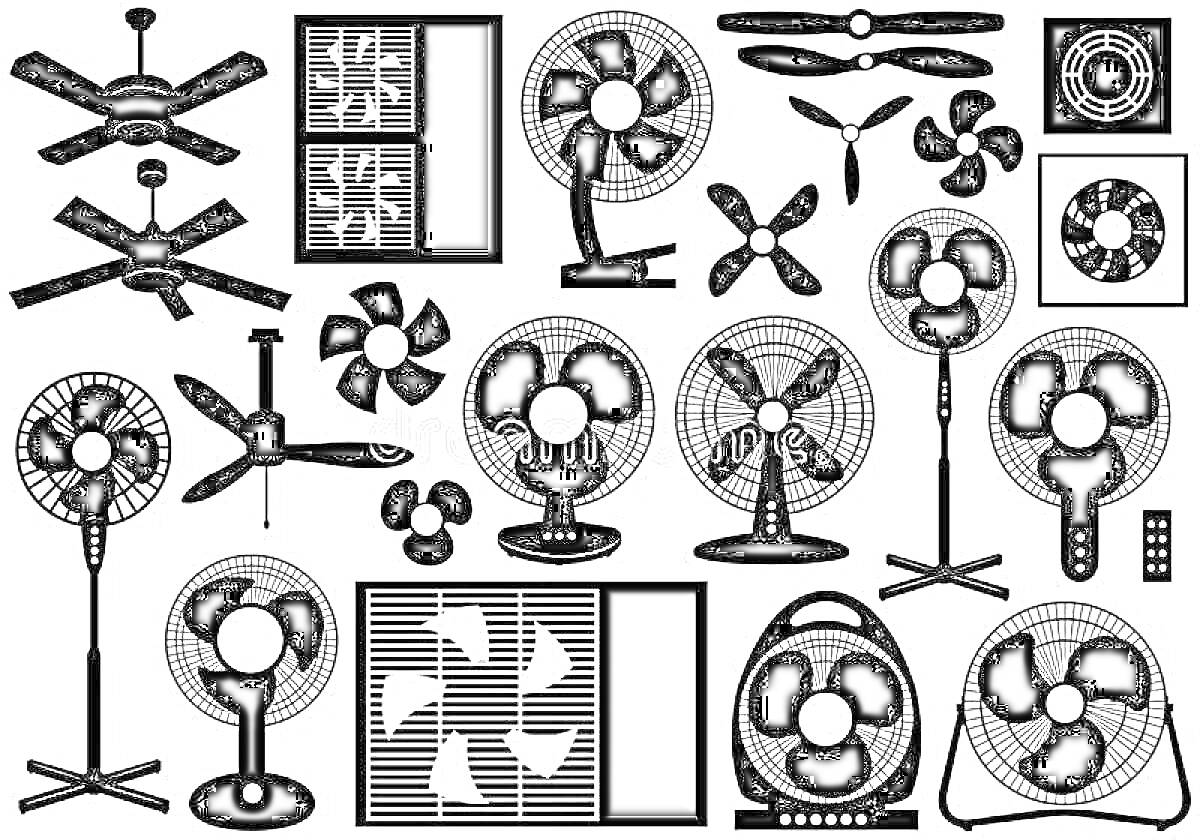 Раскраска Вентиляторы и их компоненты, включая потолочные вентиляторы, настольные вентиляторы, вентиляционные решетки, пропеллеры, пульты управления, корпус вентиляторов