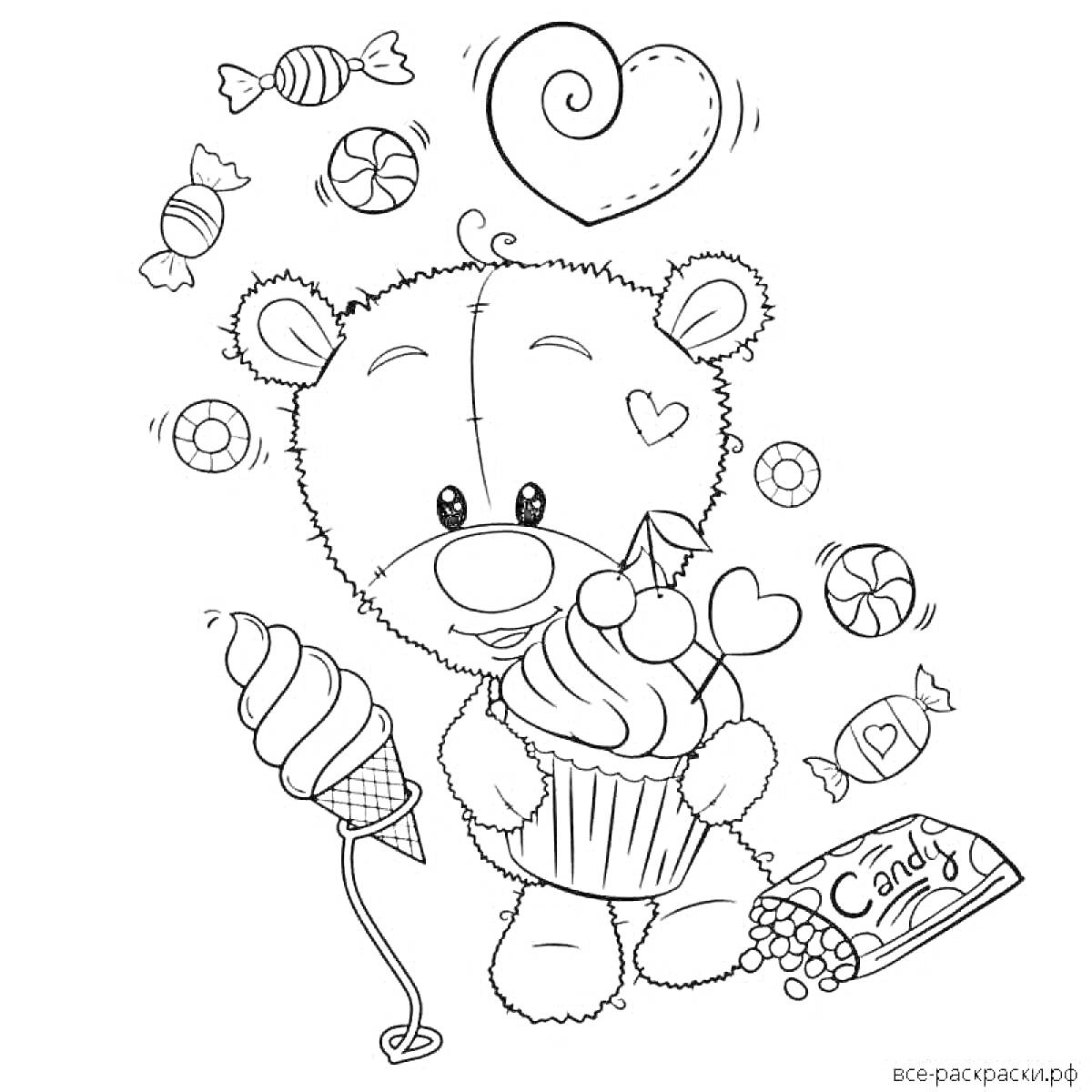 Раскраска Мишка Тедди с большим капкейком в руках, сердечком над головой и разнообразными конфетами вокруг