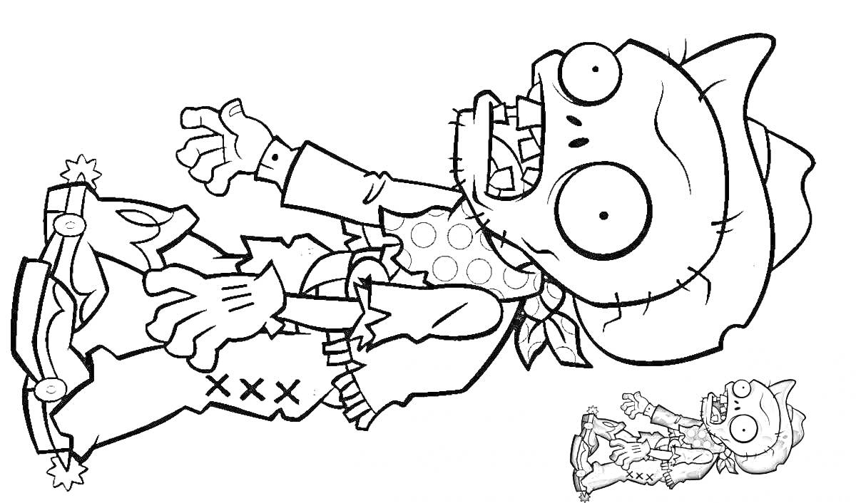 Раскраска Зомби на тарзанке с маской, в шляпе и с клепками на одежде