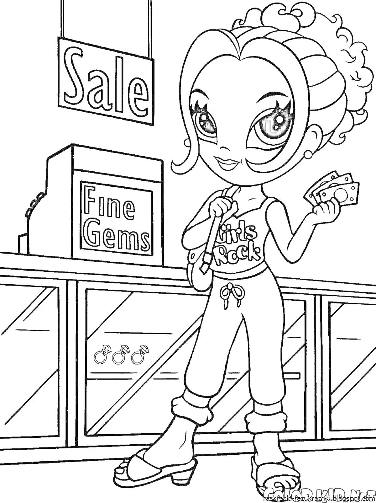 Раскраска Девочка с завитыми волосами и большим взглядом, одетая в футболку с надписью 