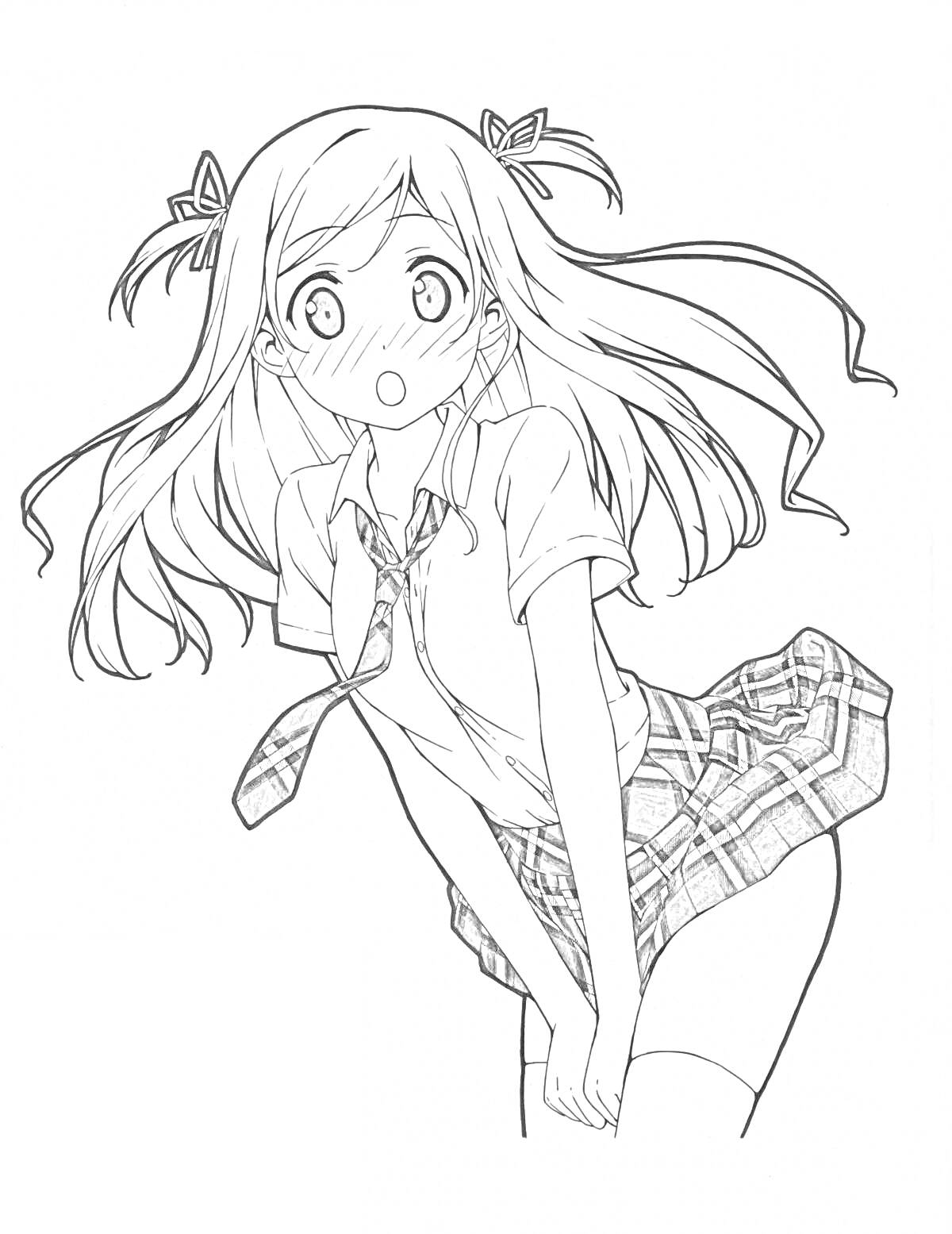 Раскраска Девочка аниме в школьной форме с длинными волосами и бантиками, удивлённое выражение лица