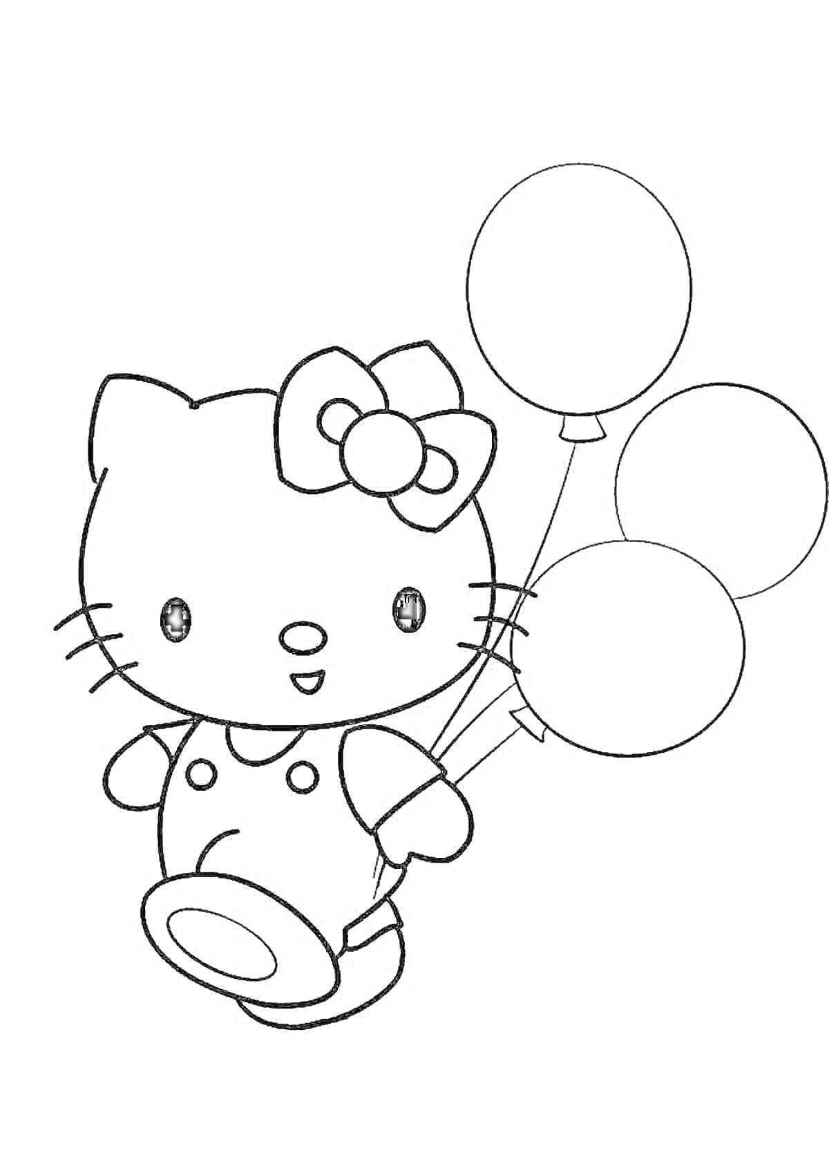 Раскраска Хелло Китти с тремя воздушными шарами