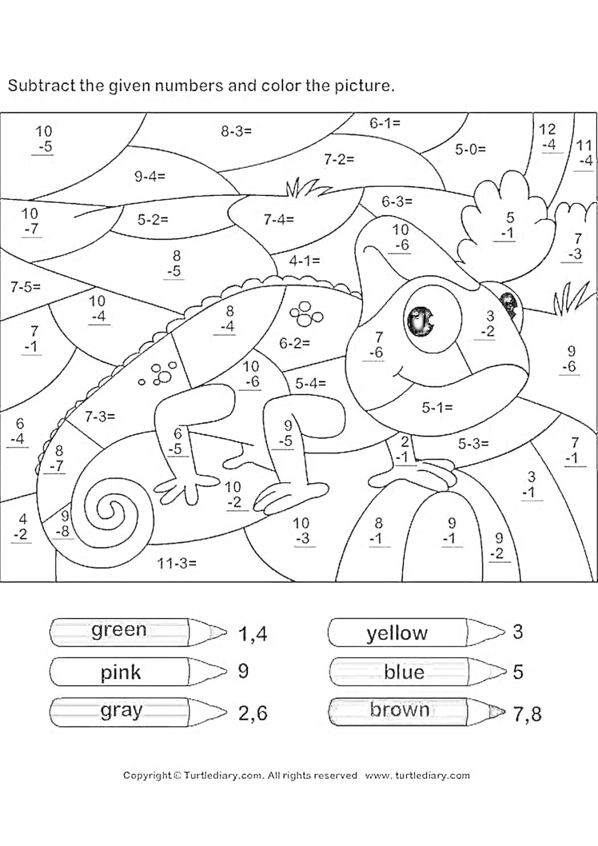 Раскраска Раскраска с заданиями по английскому языку, изображение хамелеона, упражнение на вычитание чисел с подсказками для раскрашивания