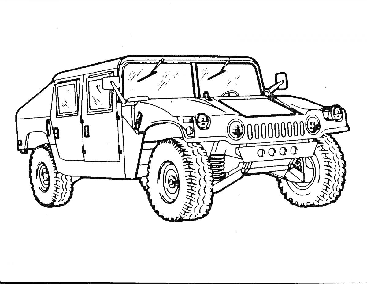 Раскраска Военная машина с высокими колёсами, бронированным корпусом, дверями и ветровыми стеклами, массивным передним бампером и фарой на крыше.