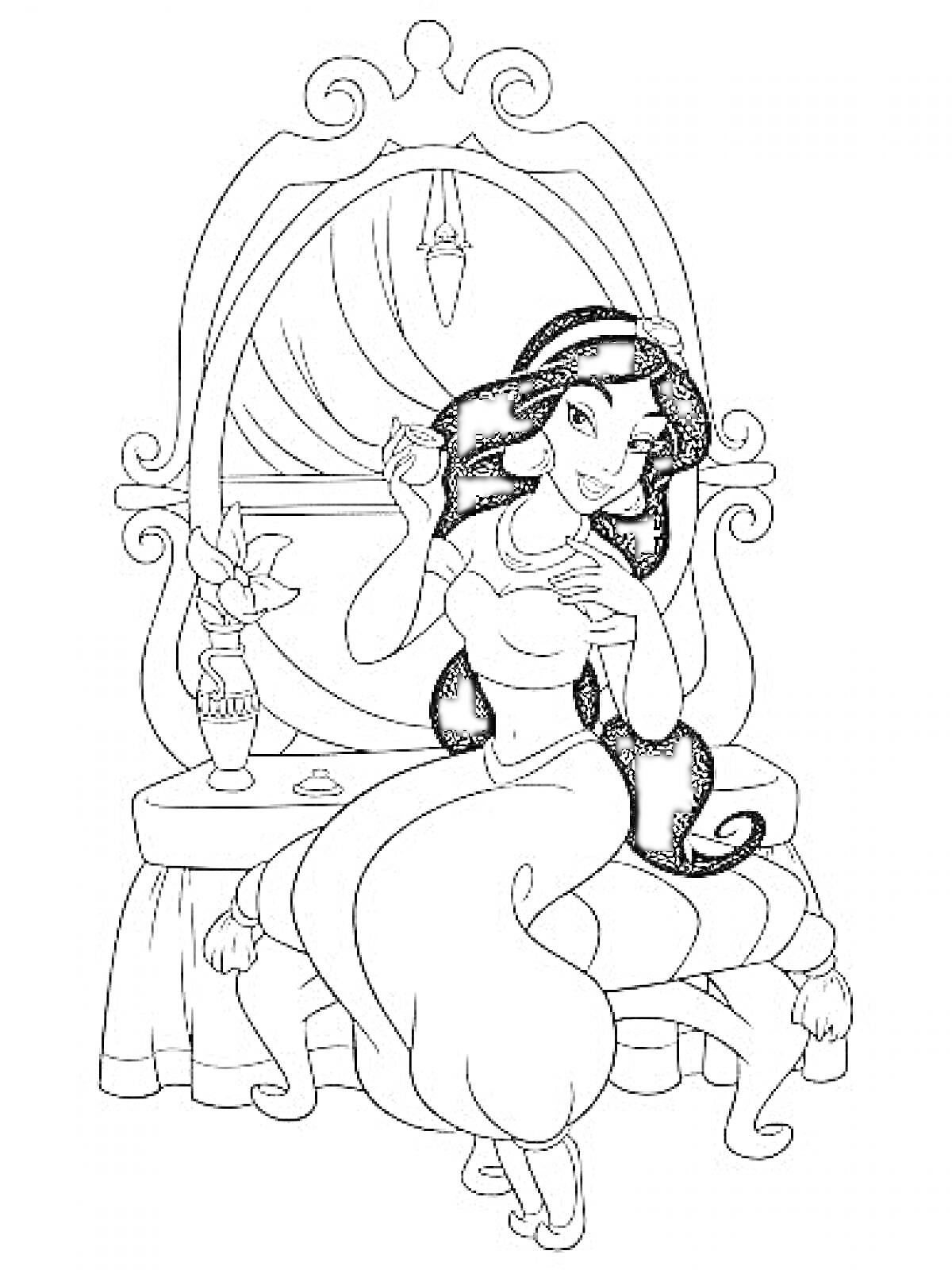 Раскраска Принцесса Жасмин с распущенными волосами, сидящая перед туалетным столиком, с зеркалом, цветком в вазе и косметикой